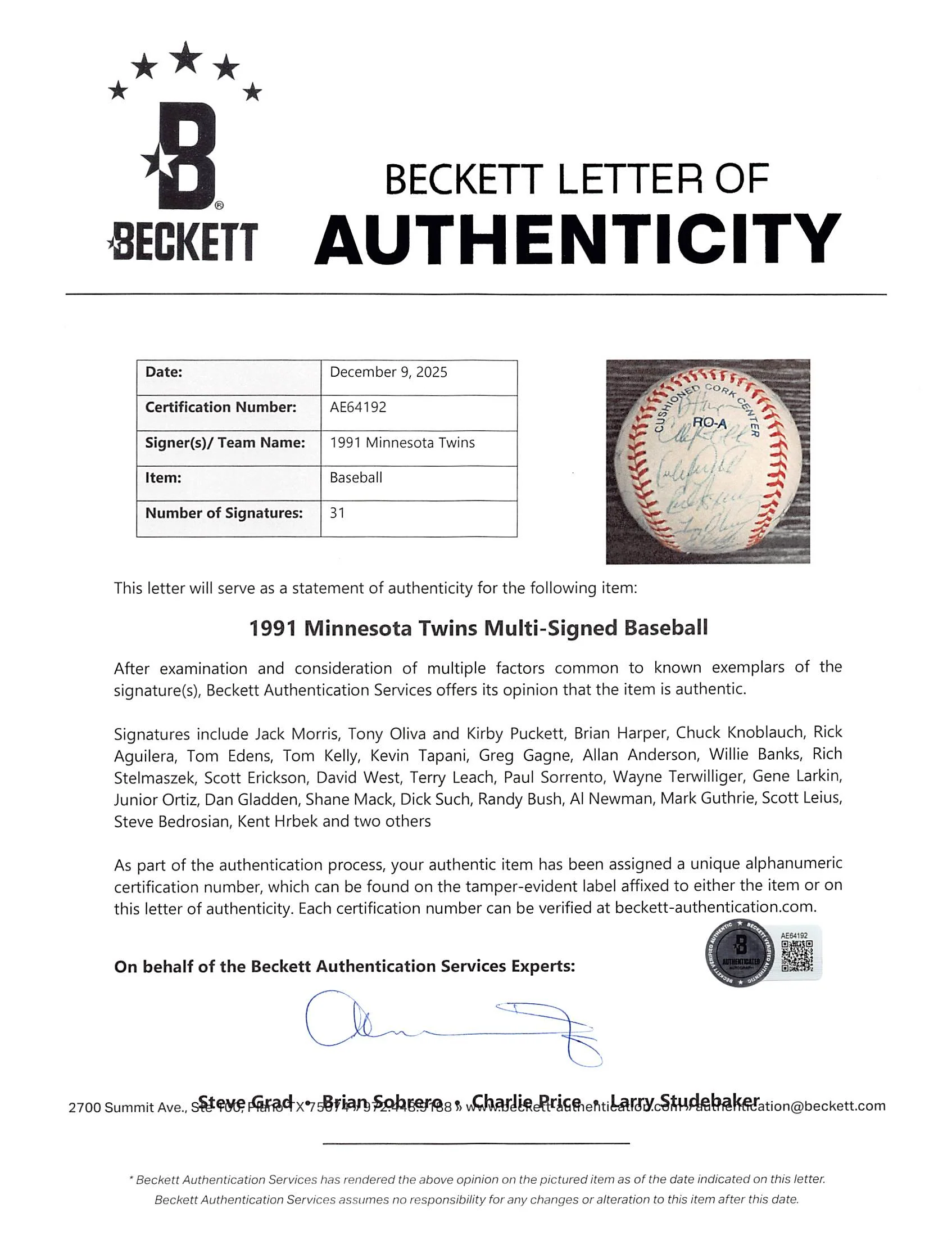 1991 Twins (31) Morris, Olica, Puckett +28 Signed OAL Baseball BAS #AE64192 - Image 9