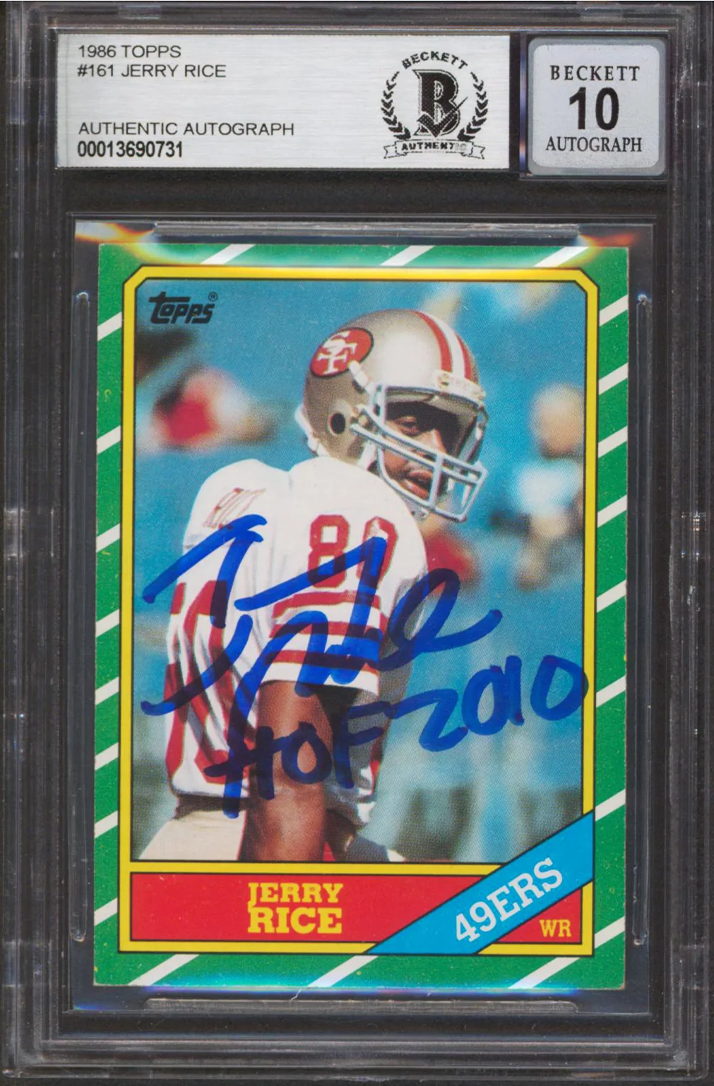49ers Jerry Rice "HOF 2010" Signed 1986 Topps #161 RC Card Auto 10 BAS Slabbed - Image 2