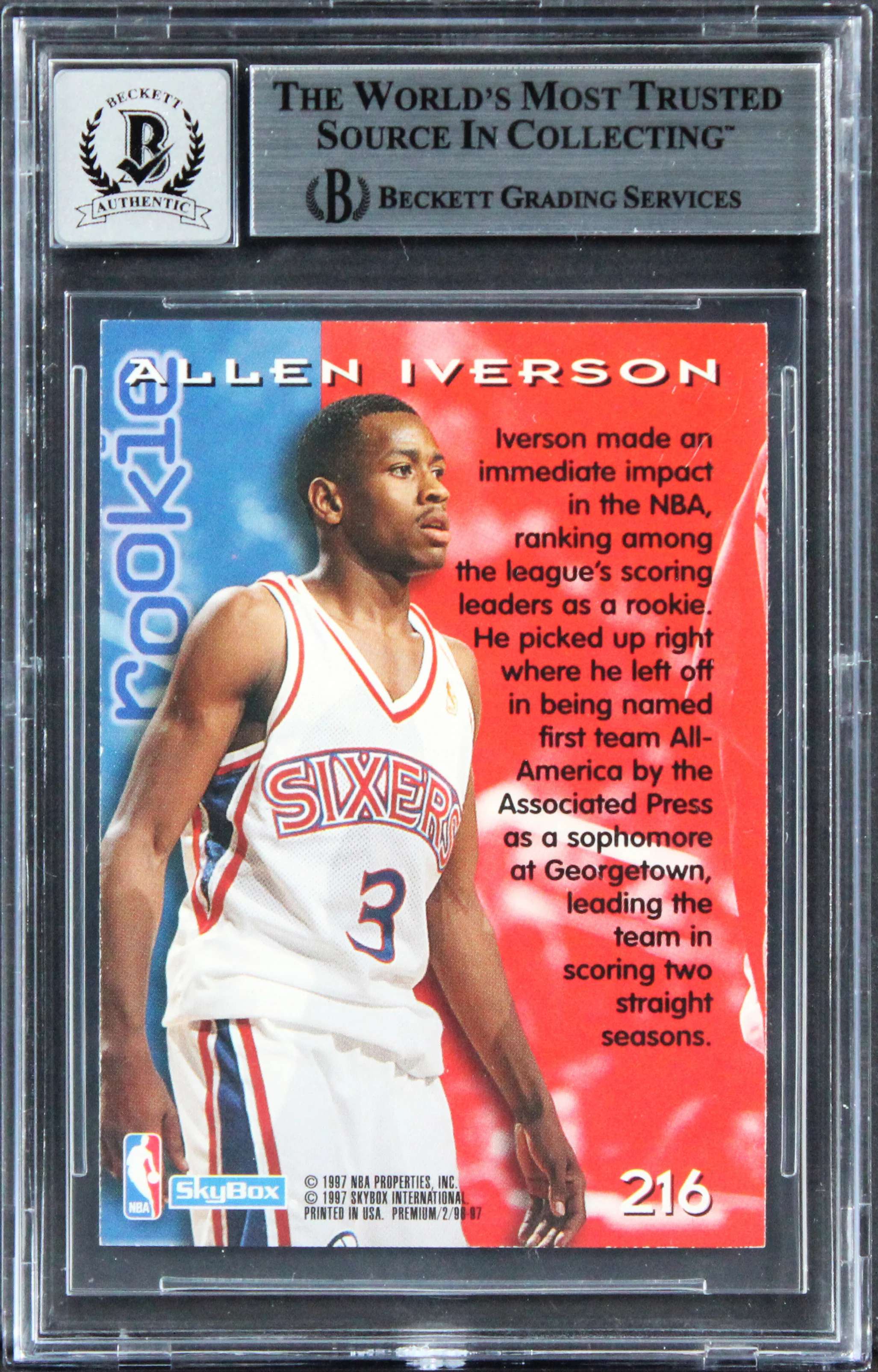 76ers Allen Iverson Signed 1996 Skybox Premium #218 RC Card Auto 10! BAS Slabbed - Image 3