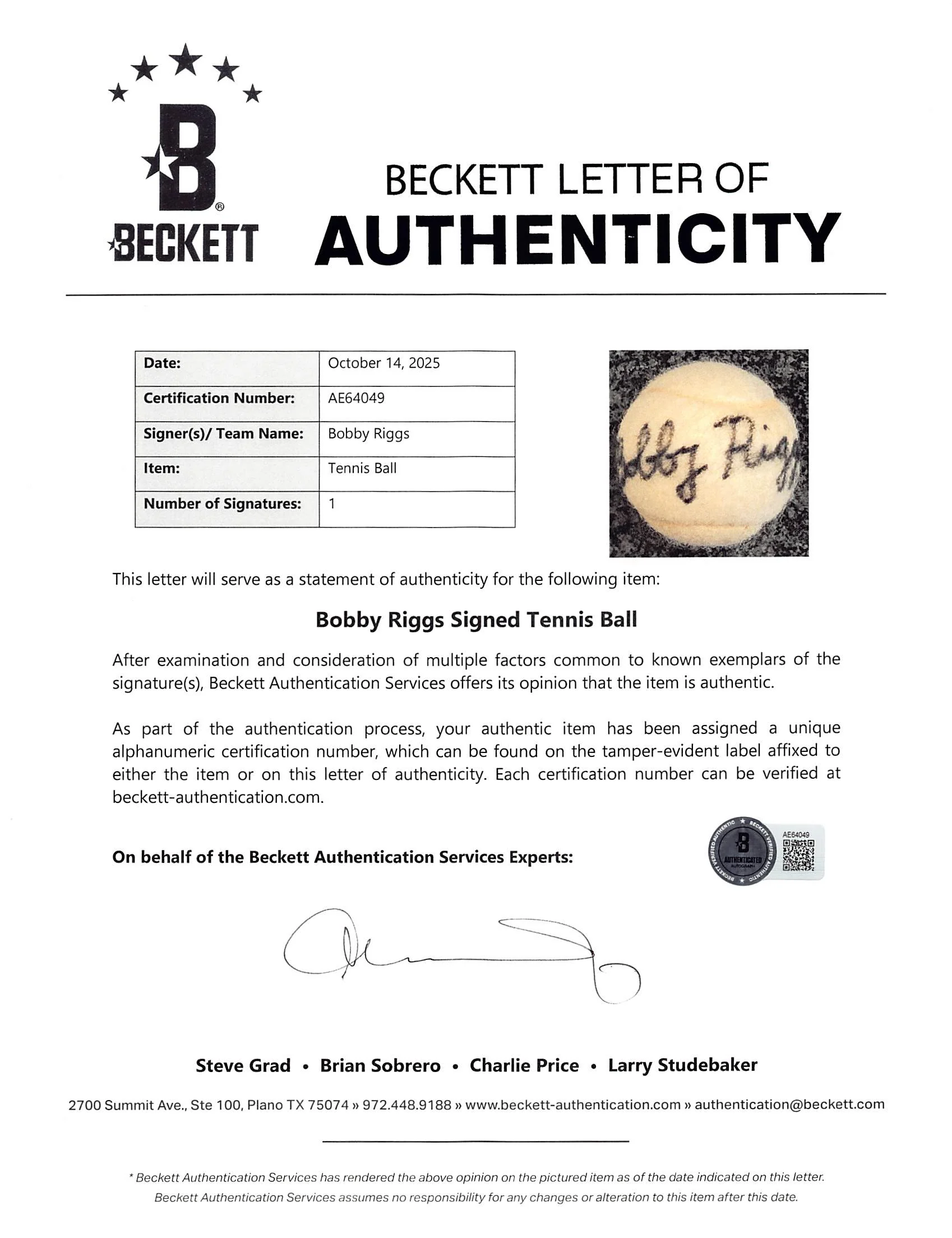 Bobby Riggs Authentic Signed Slazenger Tennis Ball Autographed BAS #AE64049 - Image 6