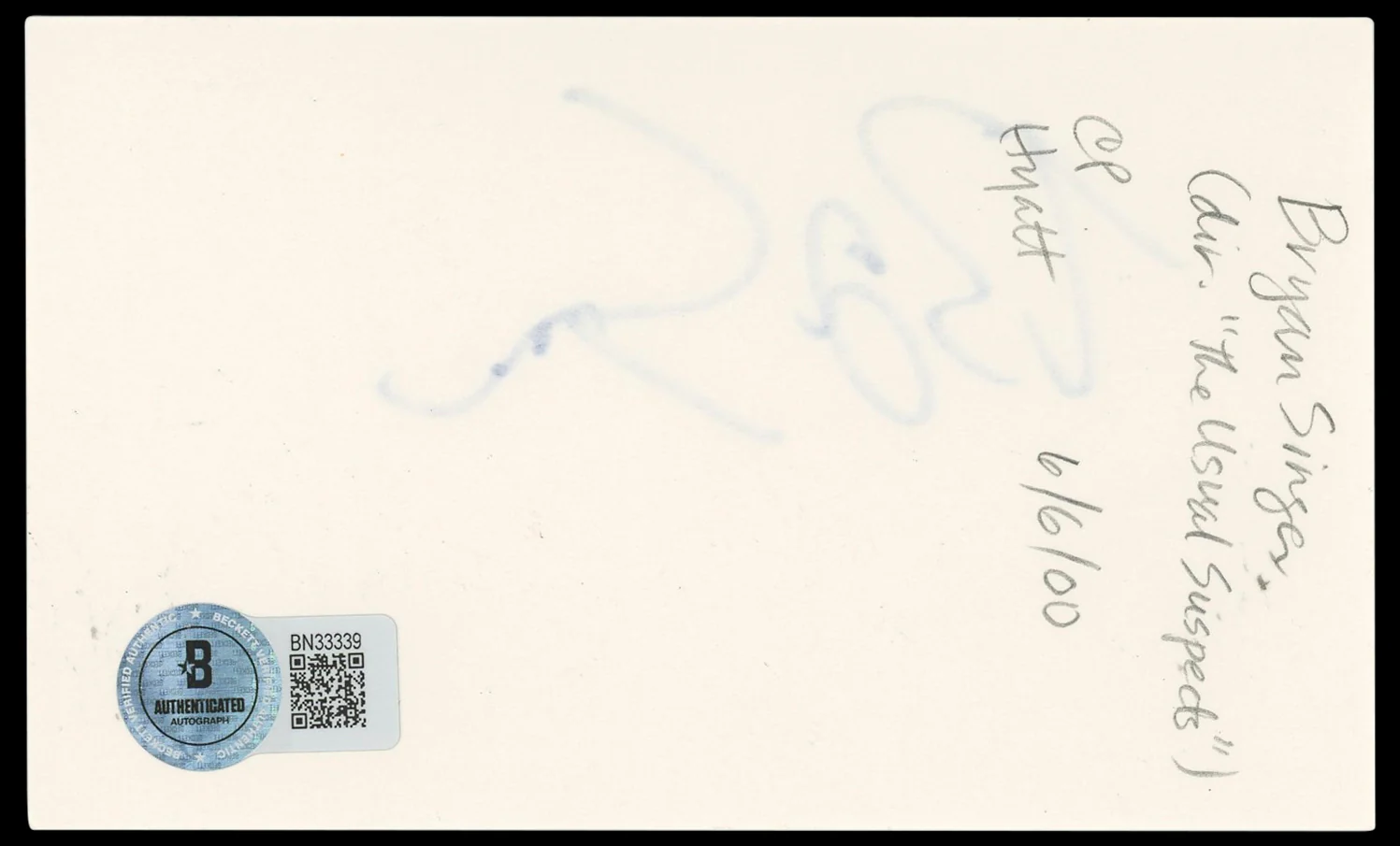 Bryan Singer The Usual Suspects Authentic Signed 3x5 Index Card BAS #BN33339 - Image 3