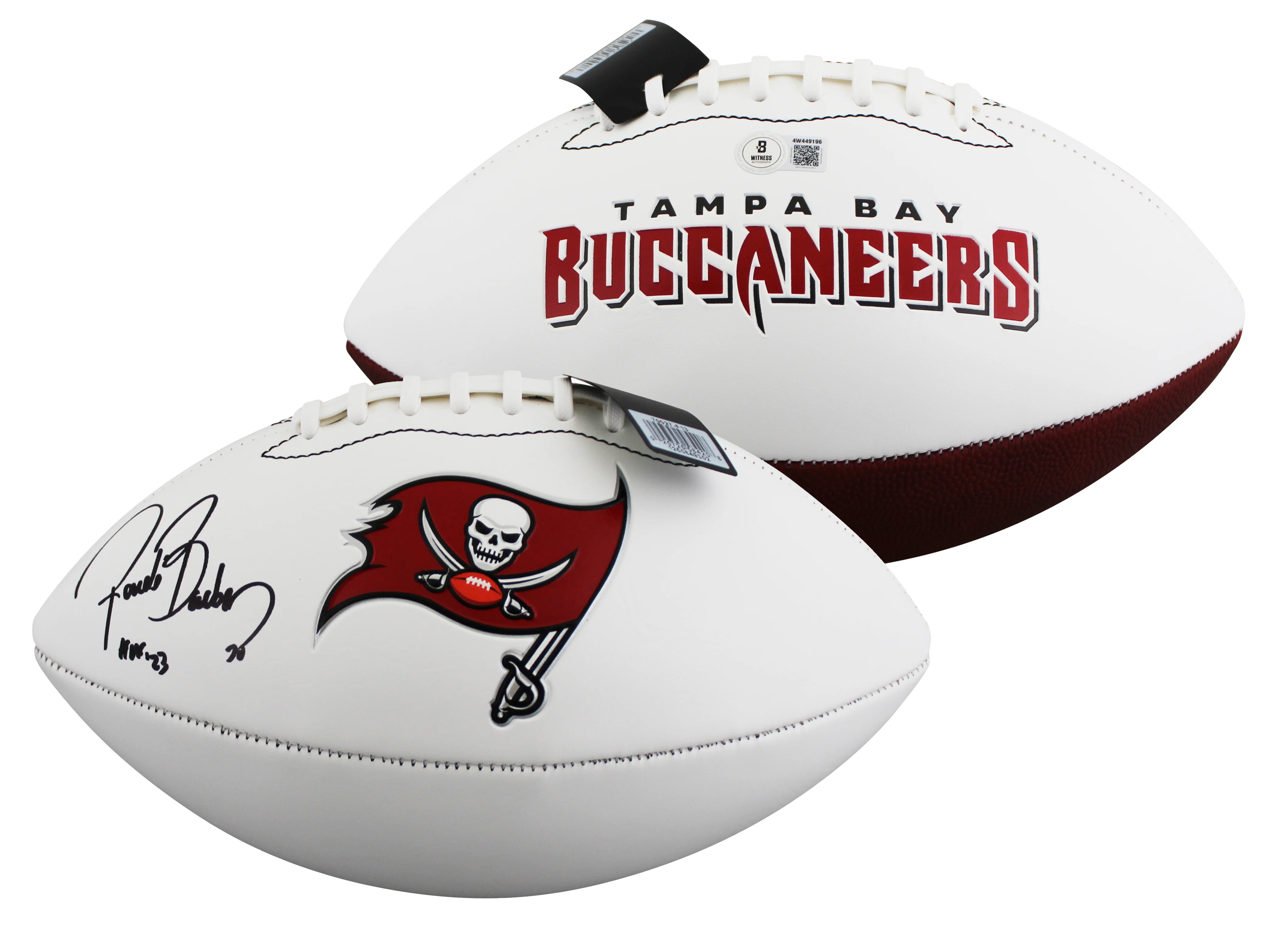 Buccaneers Ronde Barber "HOF 23" Signed White Panel Logo Football BAS Witnessed - Image 2