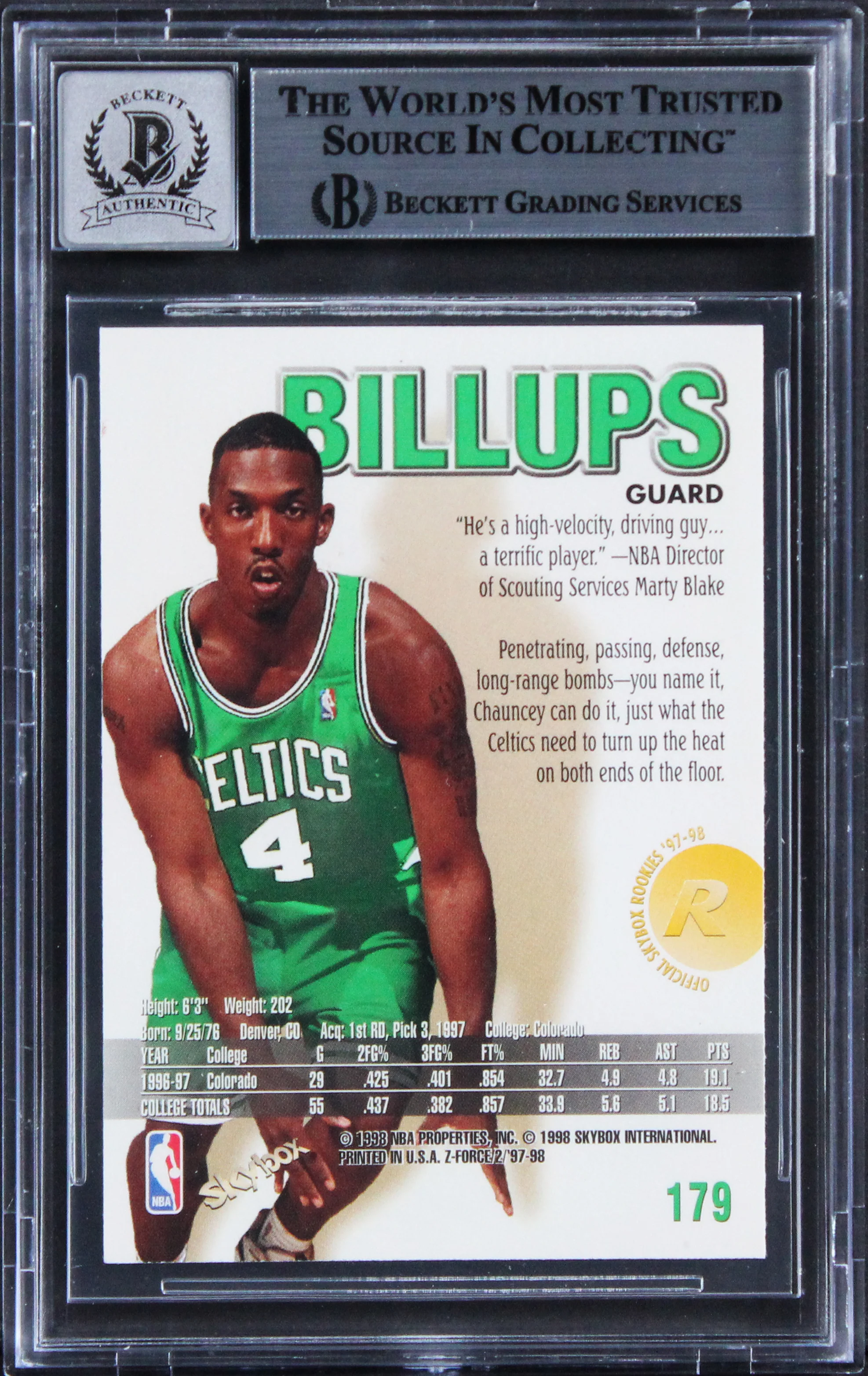 Celtics Chauncey Billups Signed 1997 Z-Force #179 Rookie Card Auto 10! BAS Slab - Image 3