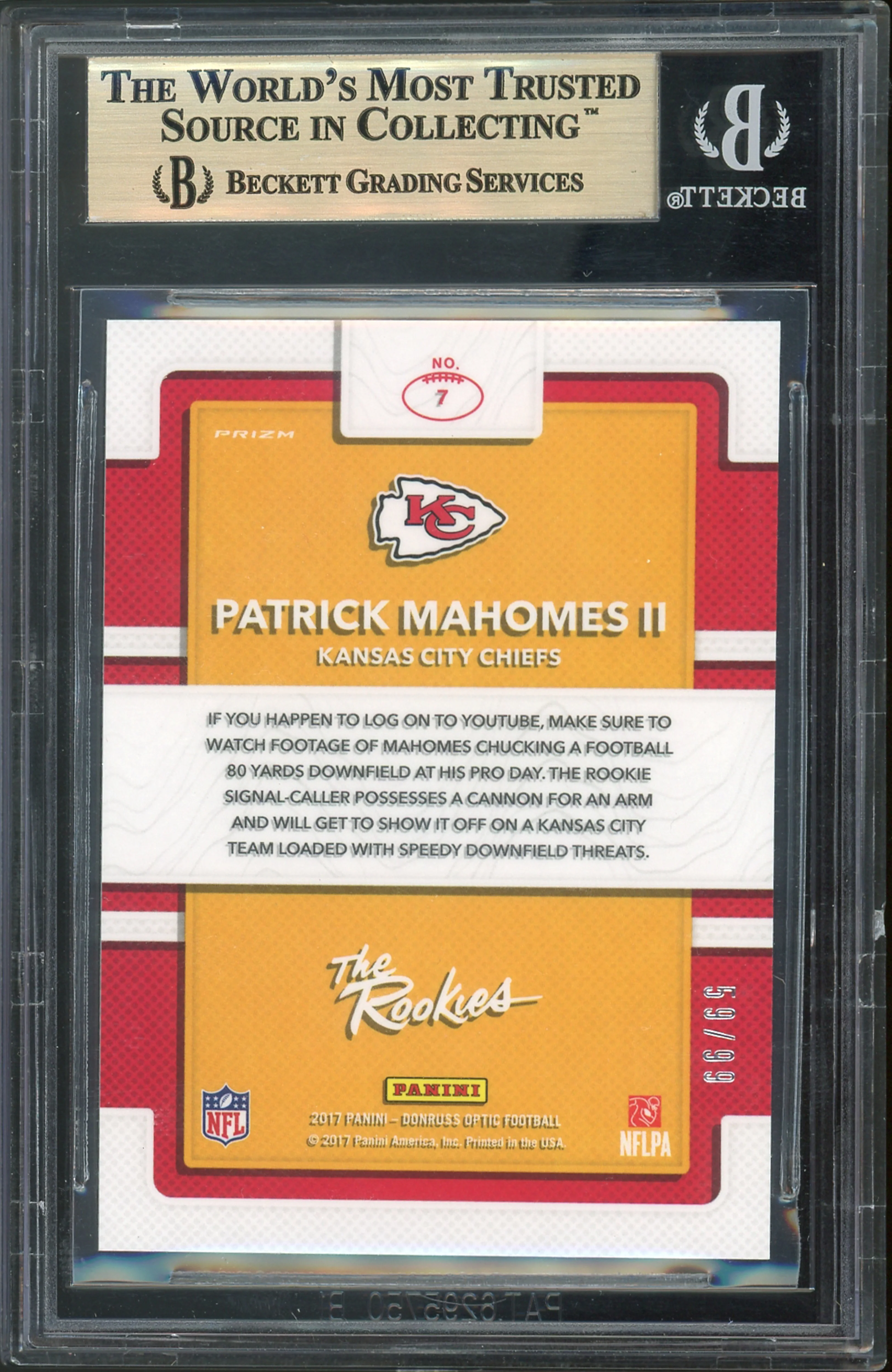 Chiefs Patrick Mahomes 2017 Donruss Optic Rookies Red #7 Card Gem 9.5 BAS Slab - Image 3