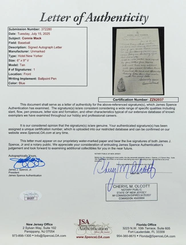 Connie Mack Philadelphia Athletics Signed Hand Written Letter JSA LOA - Image 2
