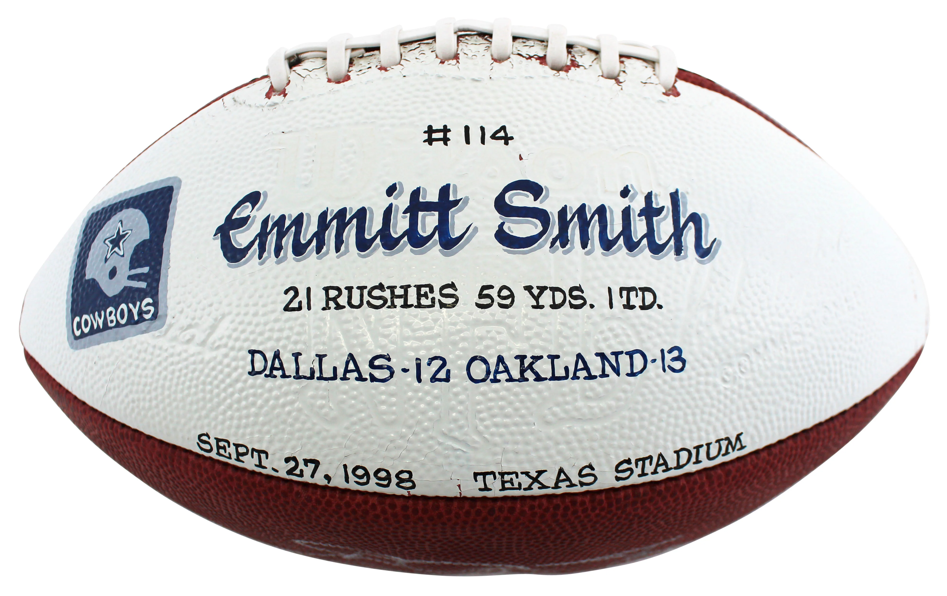 Cowboys Emmitt Smith "TD #114 - 09/27/1998" Signed GU Football BAS & Prova LOA - Image 7