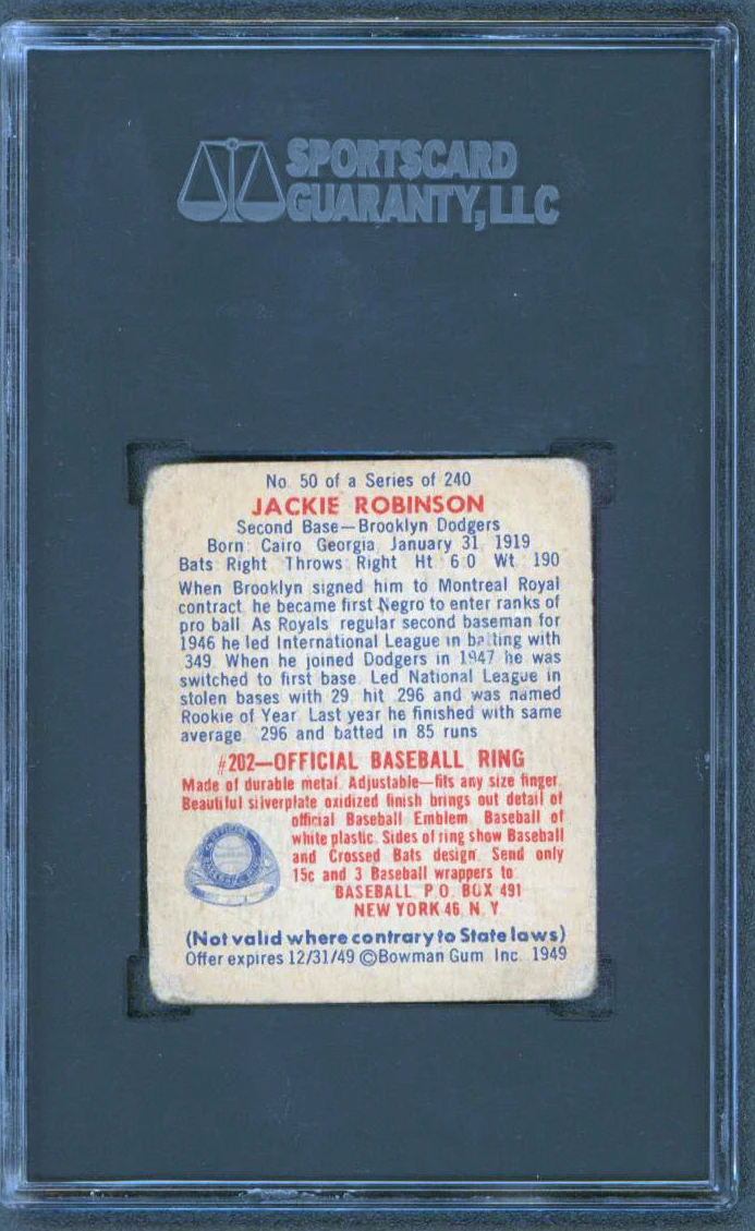 Dodgers Jackie Robinson 1949 Bowman #50 Rookie Card Graded 1 SGC Authentic - Image 3