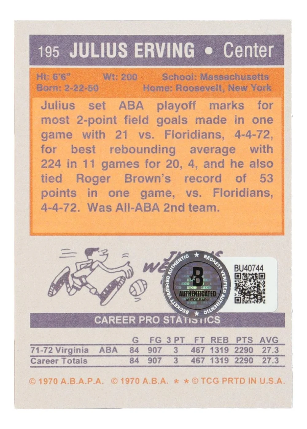 Dr. J Julius Erving Signed Reprint 1972/73 Topps #195 Rookie Card BAS - Image 2