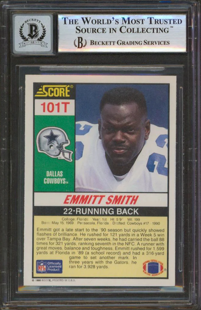 Emmitt Smith "ROY" Signed 1990 Score Supplemental #101T RC Card Auto 10 BAS Slab - Image 3