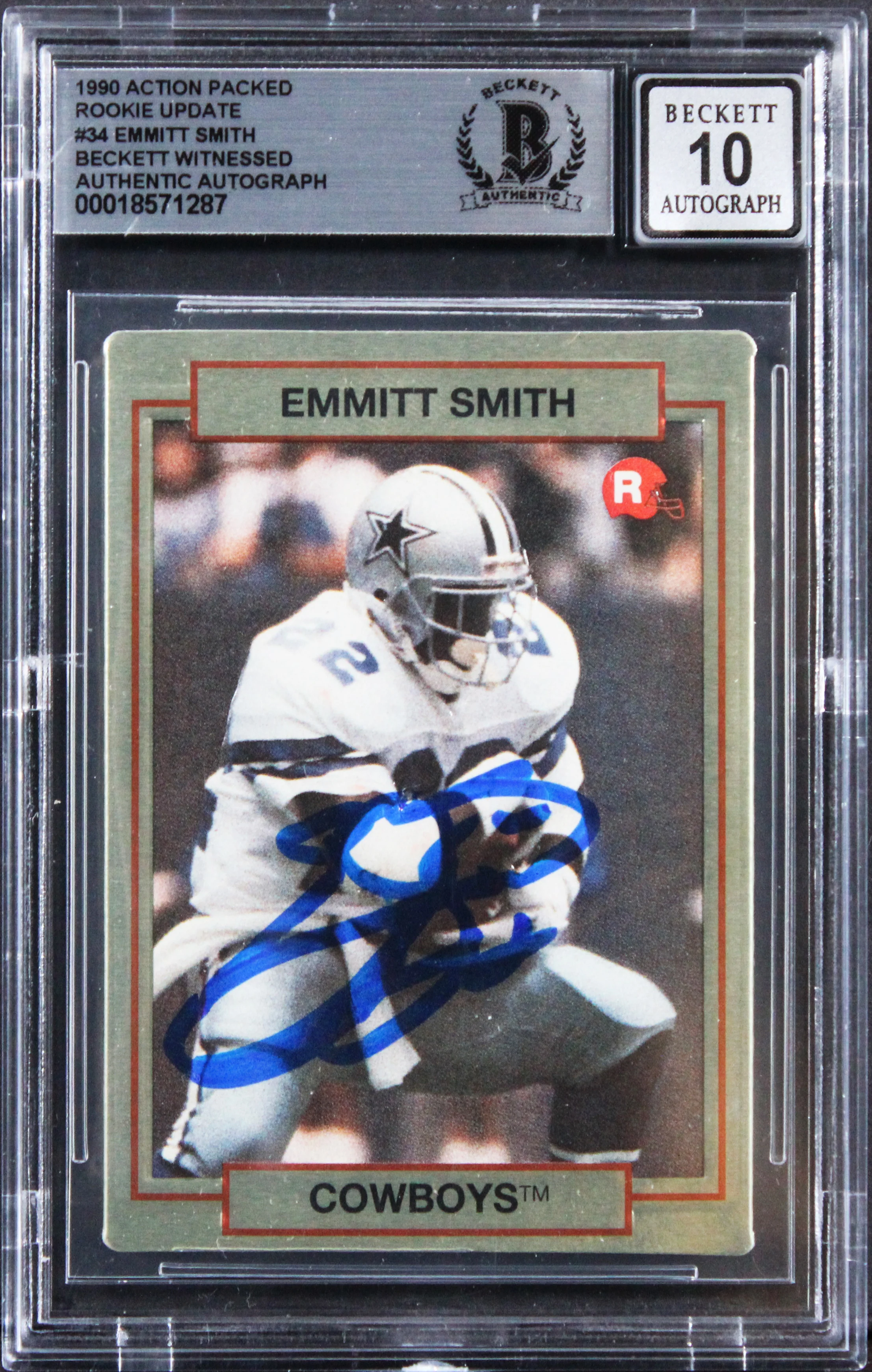 Emmitt Smith Signed 1990 Action Packed Rookie Update #34 Card Auto 10! BAS Slab - Image 2