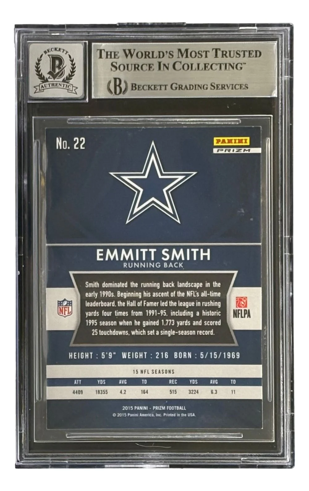 Emmitt Smith Signed 2016 Prizm #22 Dallas Cowboys Trading Card BAS Auto 10 - Image 2