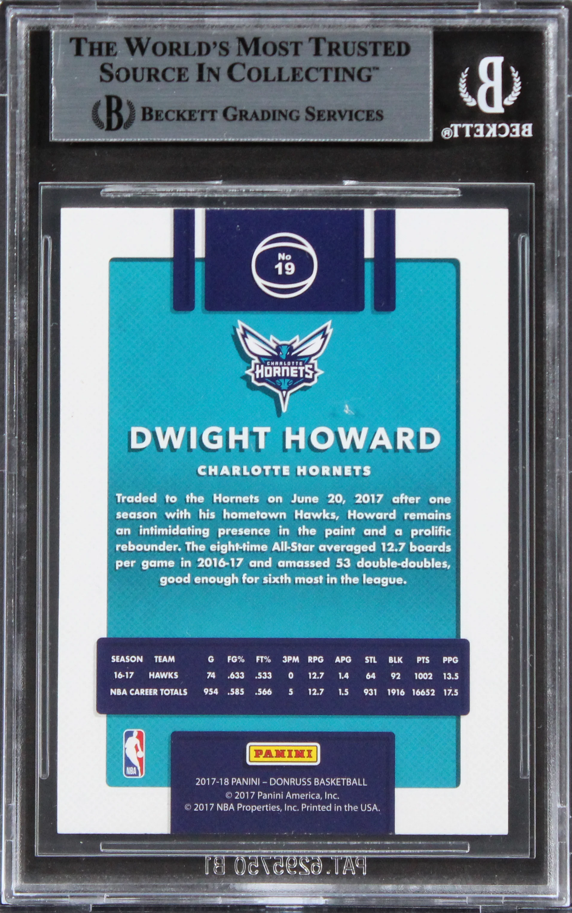 Hornets Dwight Howard Authentic Signed 2017 Donruss #19 Card Auto 10 BAS Slabbed - Image 3