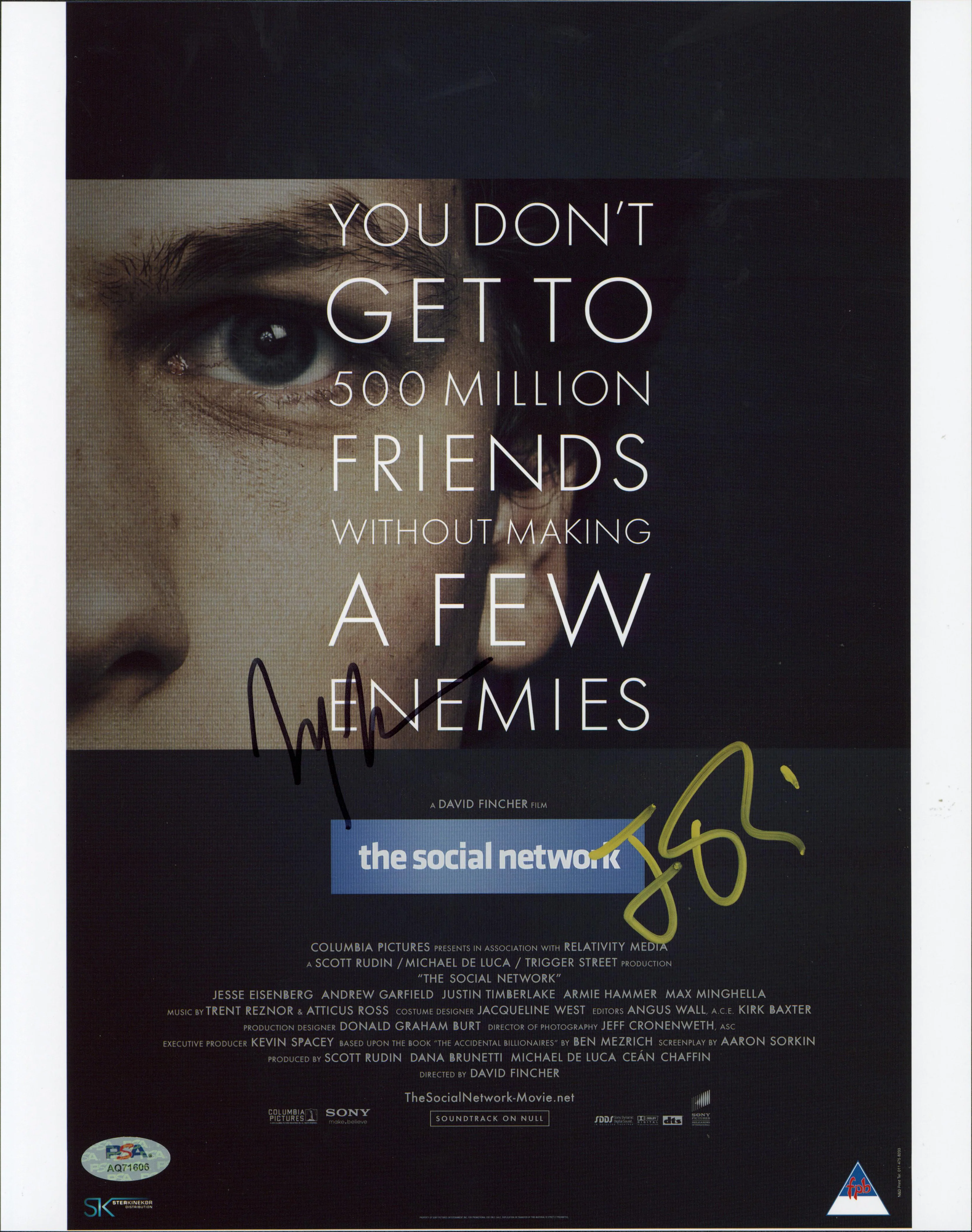 Jesse Eisenberg & Max Minghella The Social Network Signed 11x14 Photo PSA/DNA 2 - Image 2