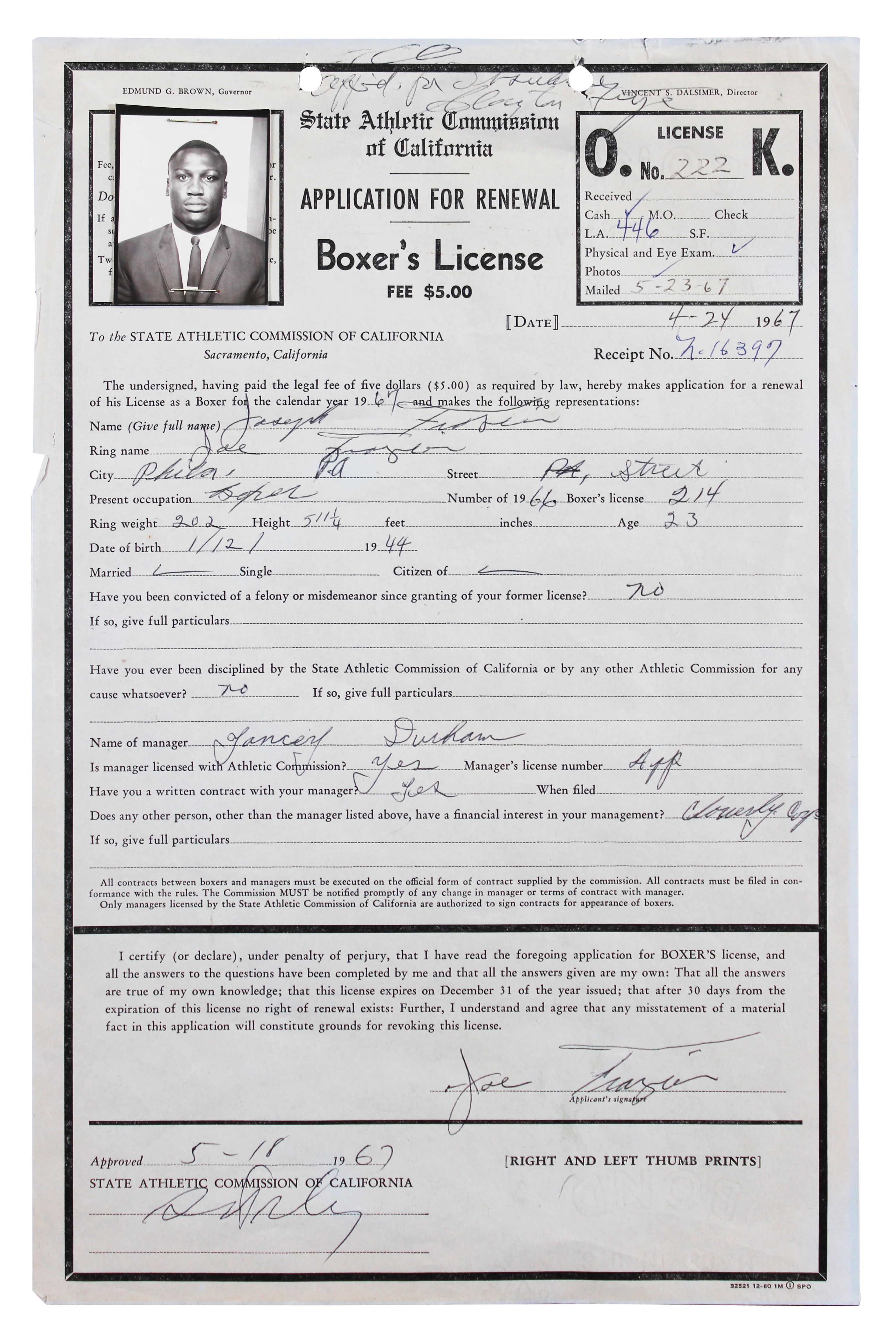 Joe Frazier Authentic Signed 8.5x13 1967 Boxing License Renewal App JSA #ZZ80605