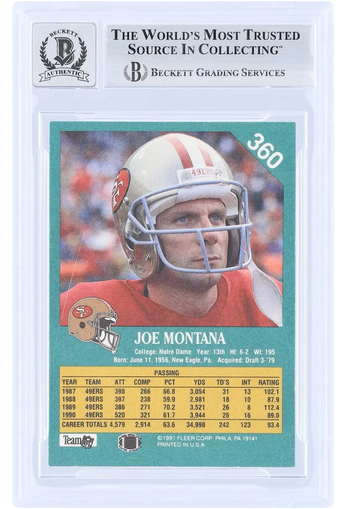 Joe Montana Signed 1991 Fleer #360 San Francisco 49ers Trading Card BAS Auto 10 - Image 2