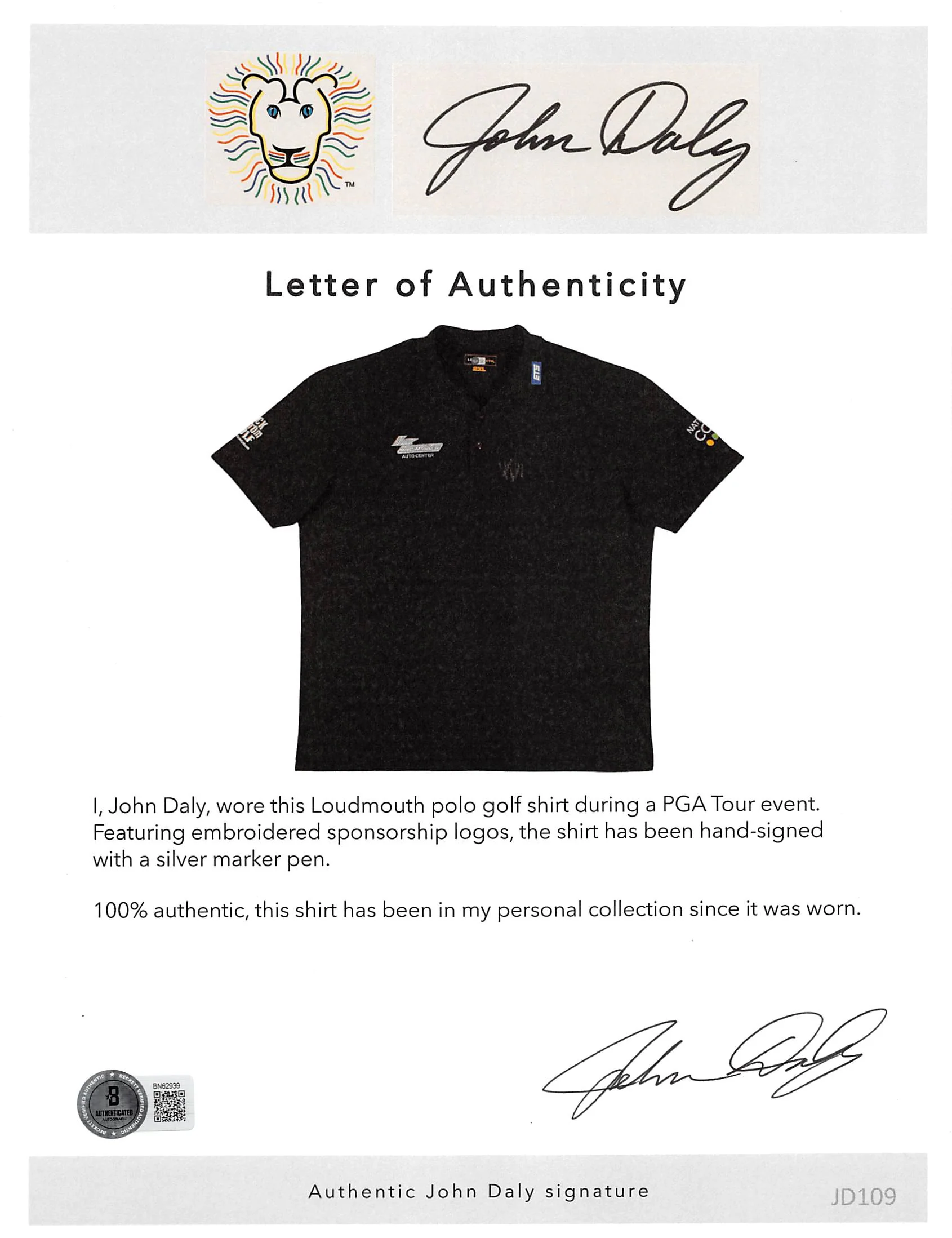 John Daly Authentic Signed Match Worn Black Loudmouth Polo Shirt BAS #BK84773 - Image 9