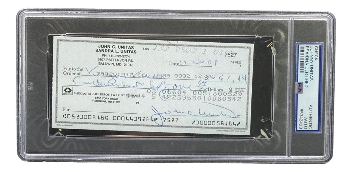Johnny Unitas Baltimore Colts Signed Bank Check #7527 PSA