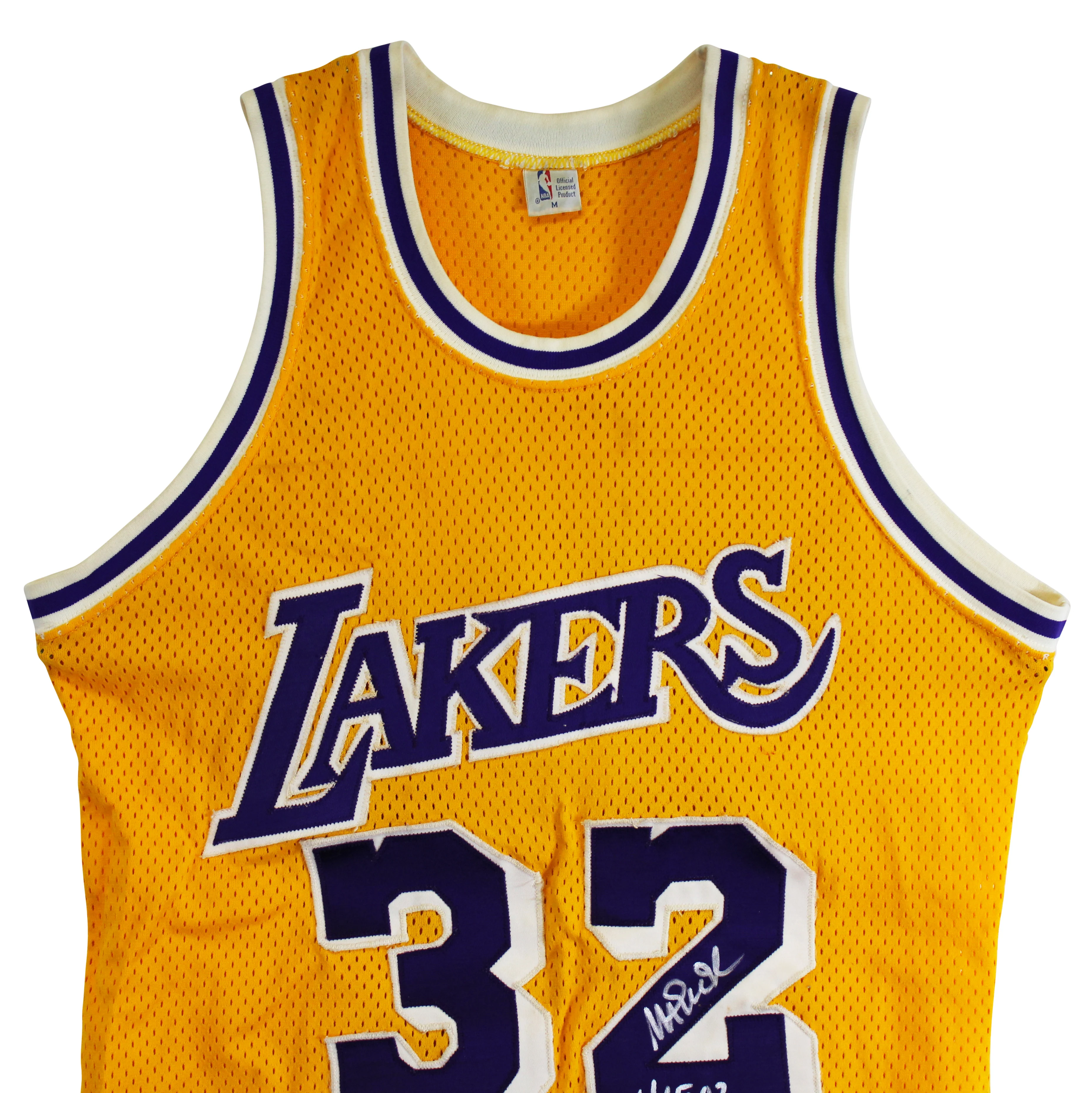 Lakers Magic Johnson "HOF 02" Signed Yellow MacGregor Sand-Knit Jersey BAS Wit 5 - Image 5