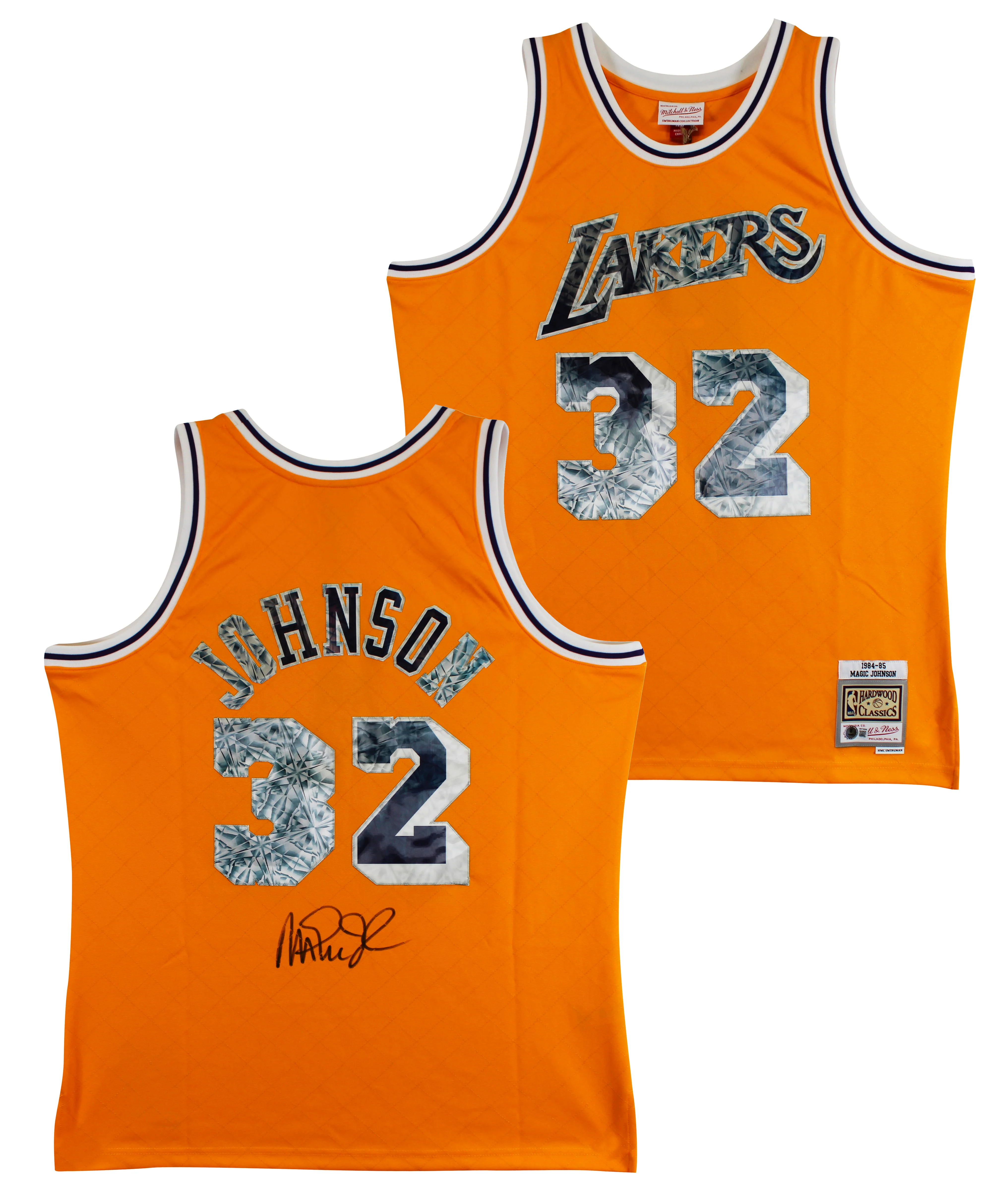 Lakers Magic Johnson Signed Yellow Diamond M&N 84-85 HWC Swingman Jersey BAS Wit - Image 2