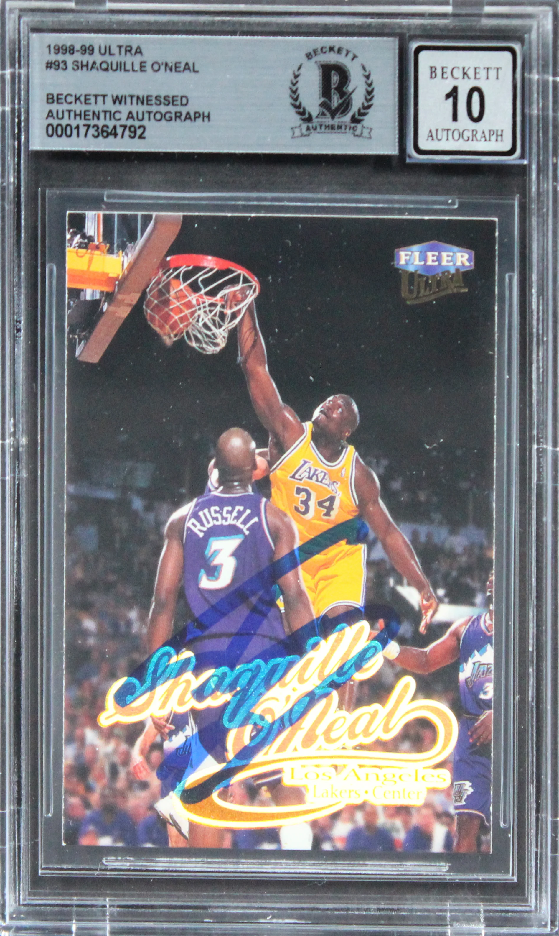 Lakers Shaquille O'Neal Signed 1998 Ultra #93 Card Auto 10 BAS Slabbed - Image 2