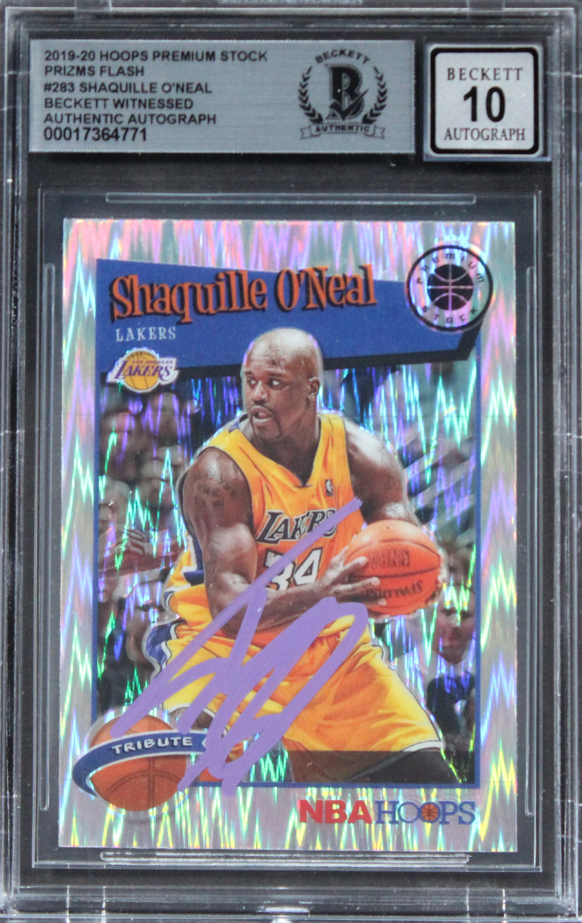 Lakers Shaquille O'Neal Signed 2019 Hoops PS Prizms Flash #283 Auto 10 BAS Slab - Image 2