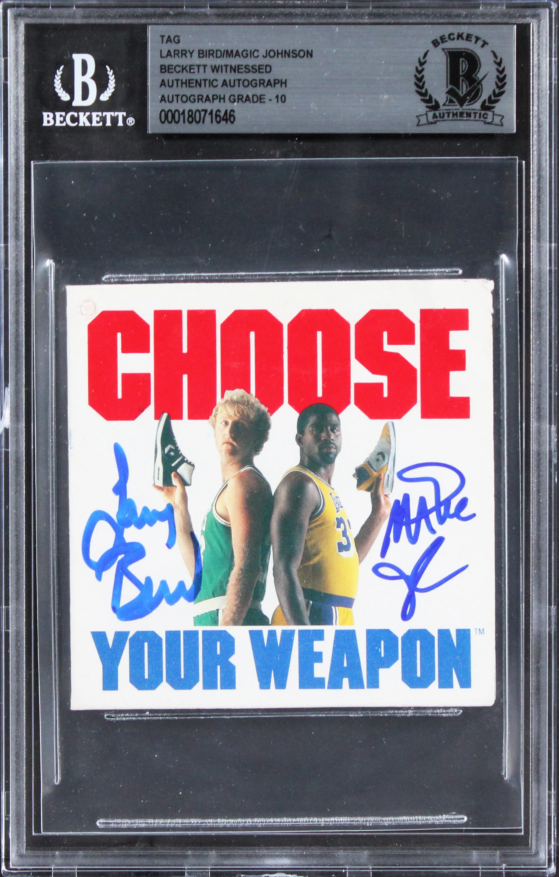 Larry Bird & Magic Johnson Signed 3x3 Converse Weapon Shoe Tag Auto 10! BAS Slab