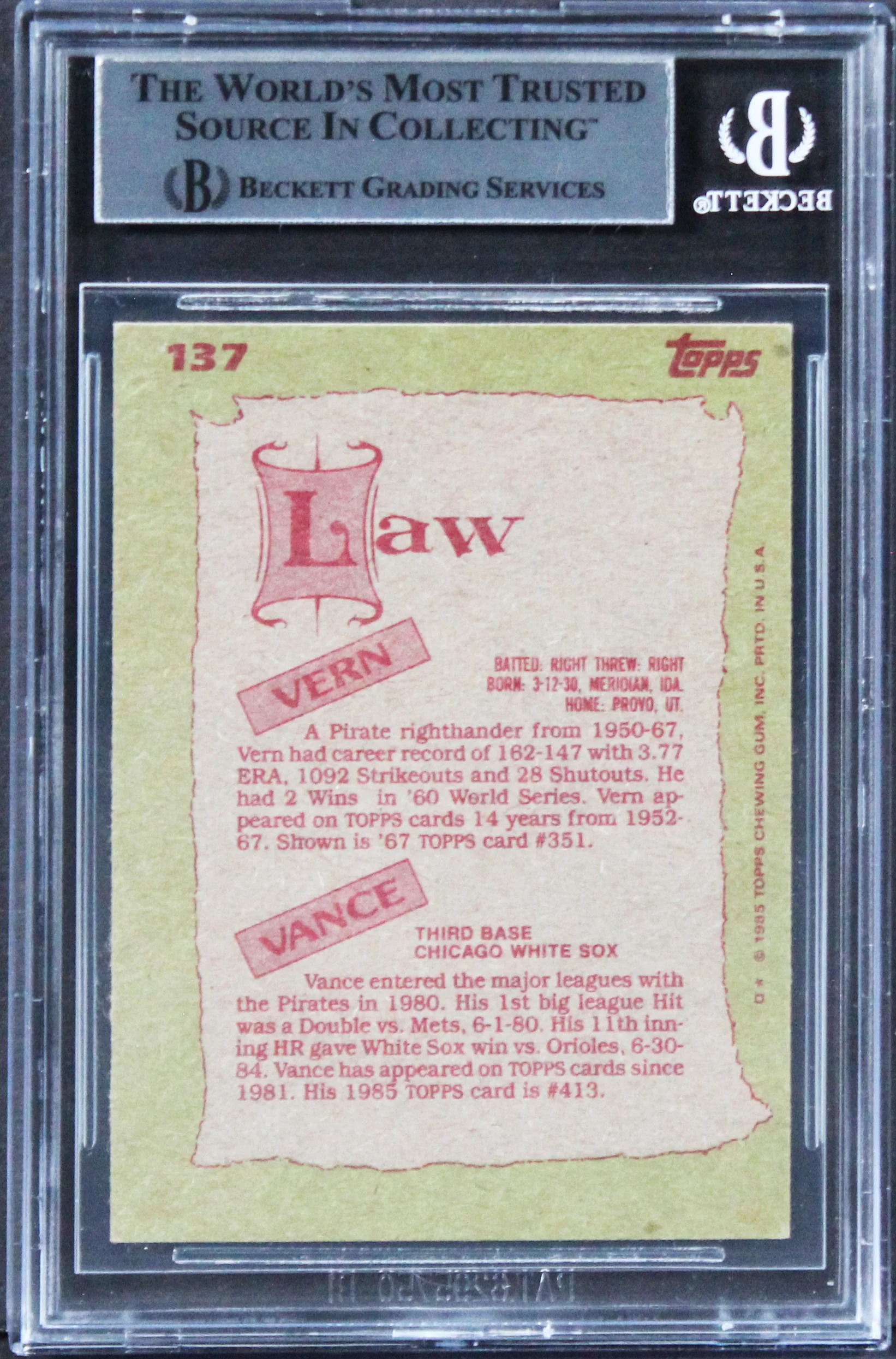 Law Vance & Vern Law Authentic Signed 1985 Topps #137 Card BAS Slabbed - Image 3
