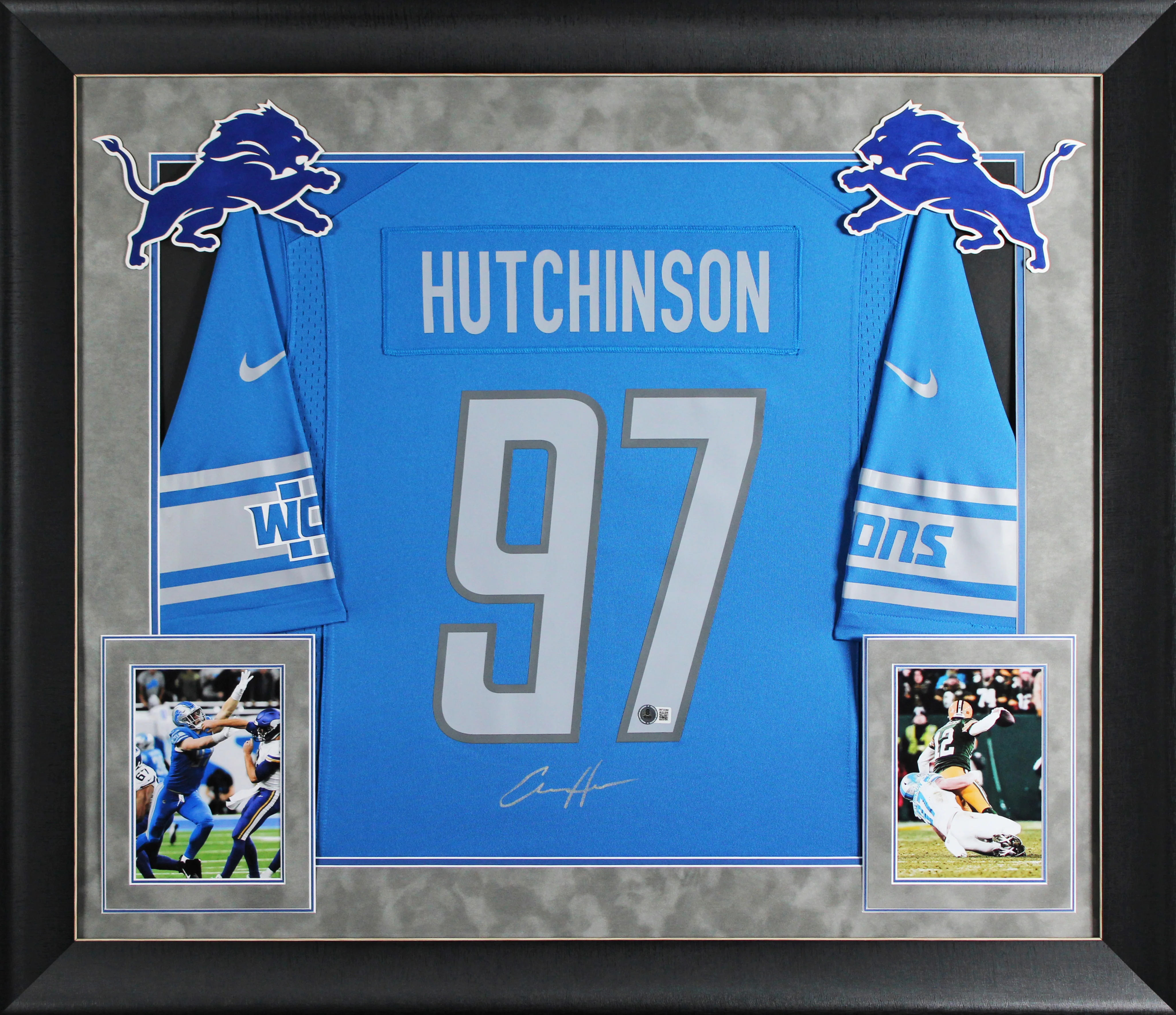 Lions Aidan Hutchinson Signed Blue Nike Game Framed Jersey w/ Silver Sig BAS Wit - Image 2
