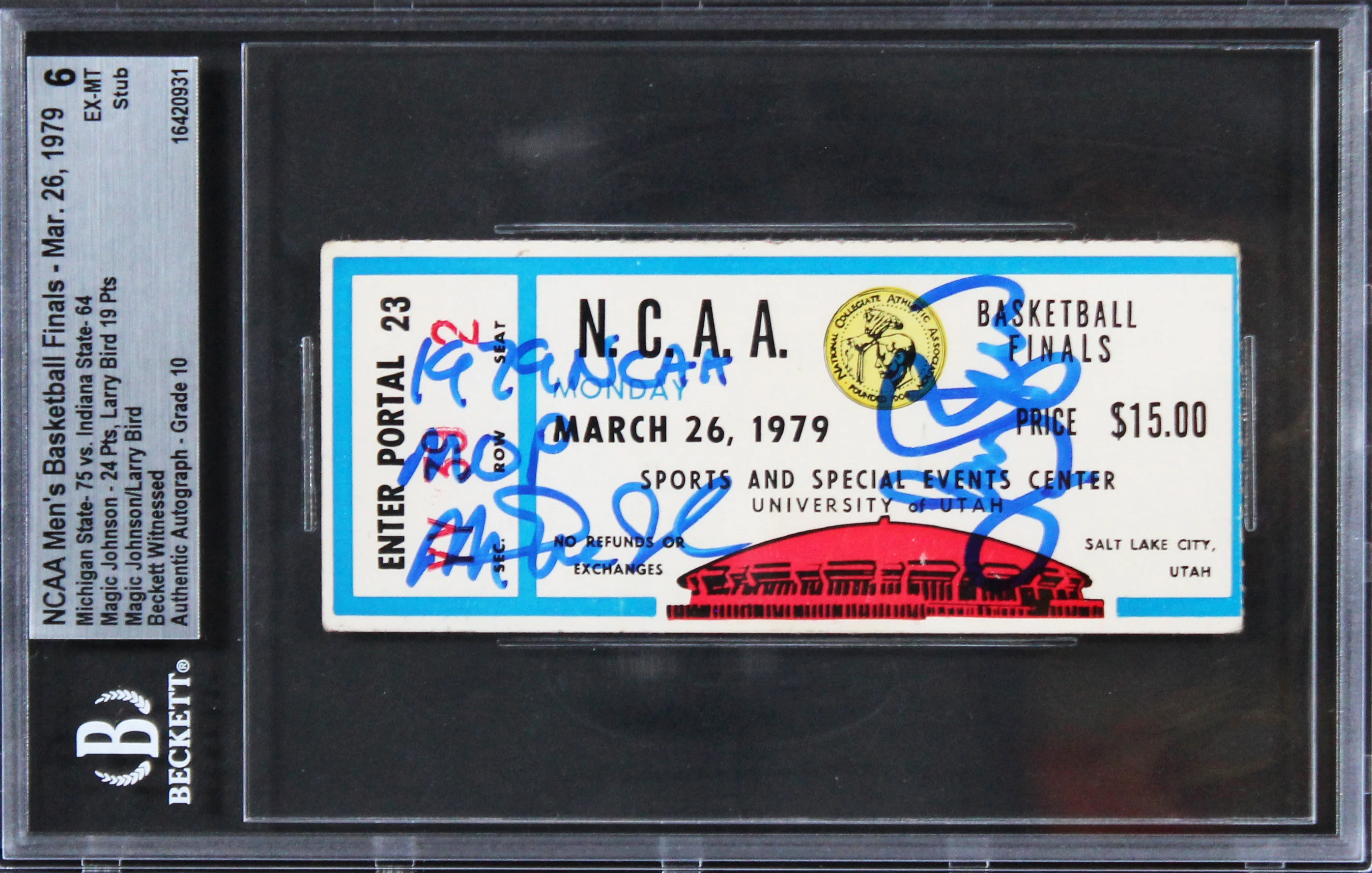 Magic Johnson Larry Bird Signed 1979 NCAA Finals Ticket Grade 6 Auto 10 BAS Slab - Image 2