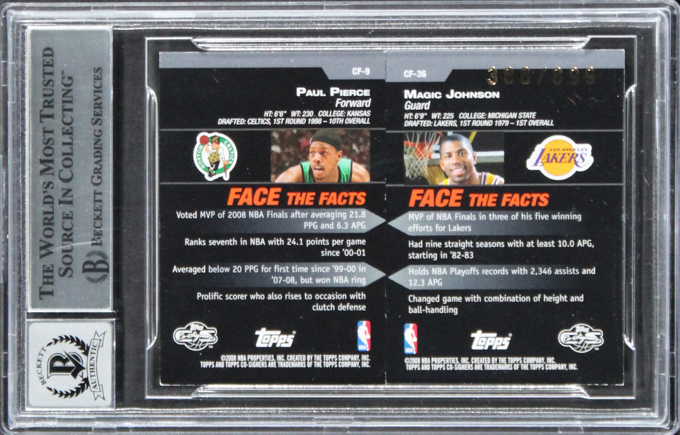 Magic Johnson & Paul Pierce Signed 2008 Topps CSCF #CF36 Card Auto 10! BAS Slab - Image 3