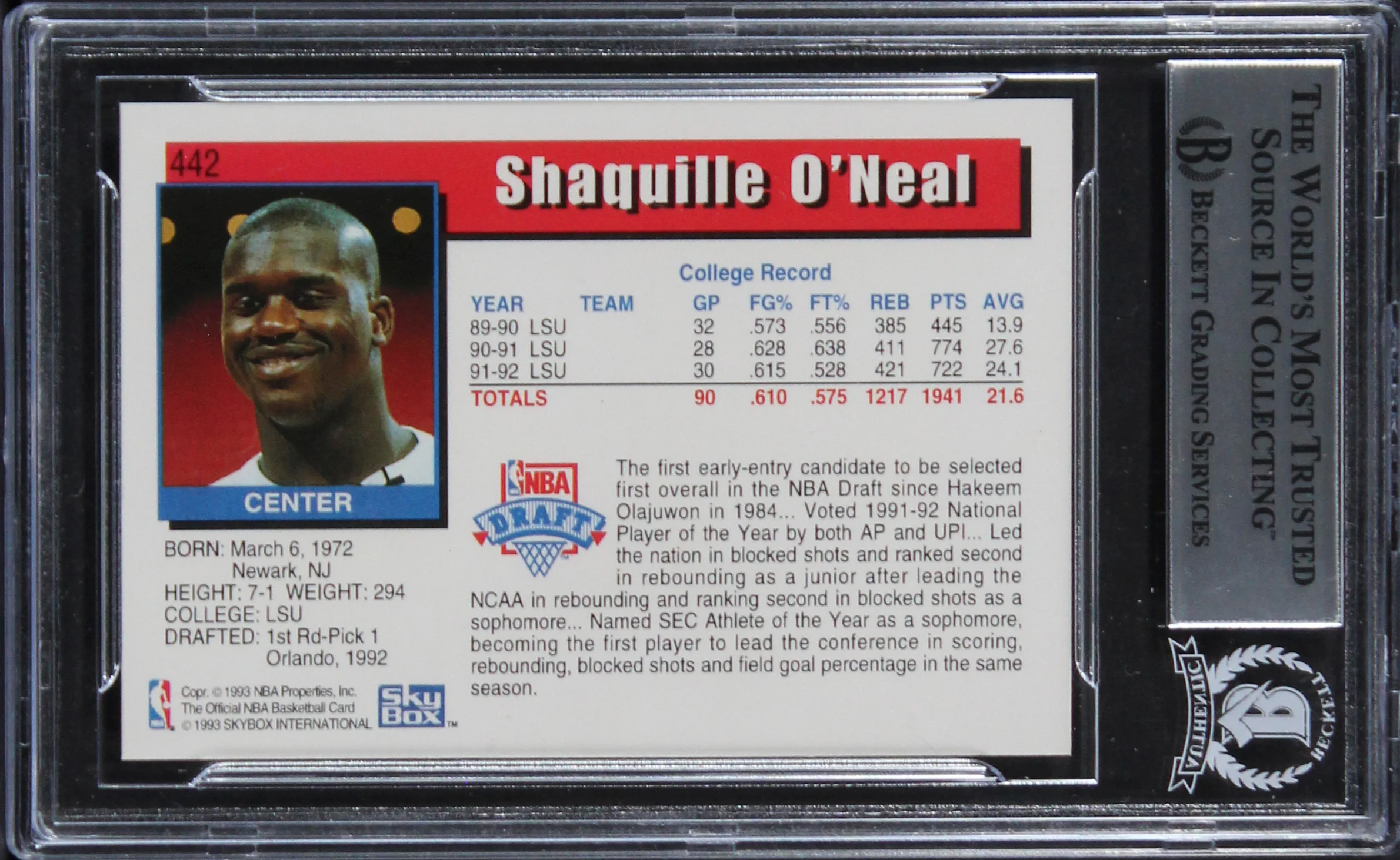 Magic Shaquille O'Neal Authentic Signed 1992 Hoops #442 Rookie Card BAS Slabbed - Image 3