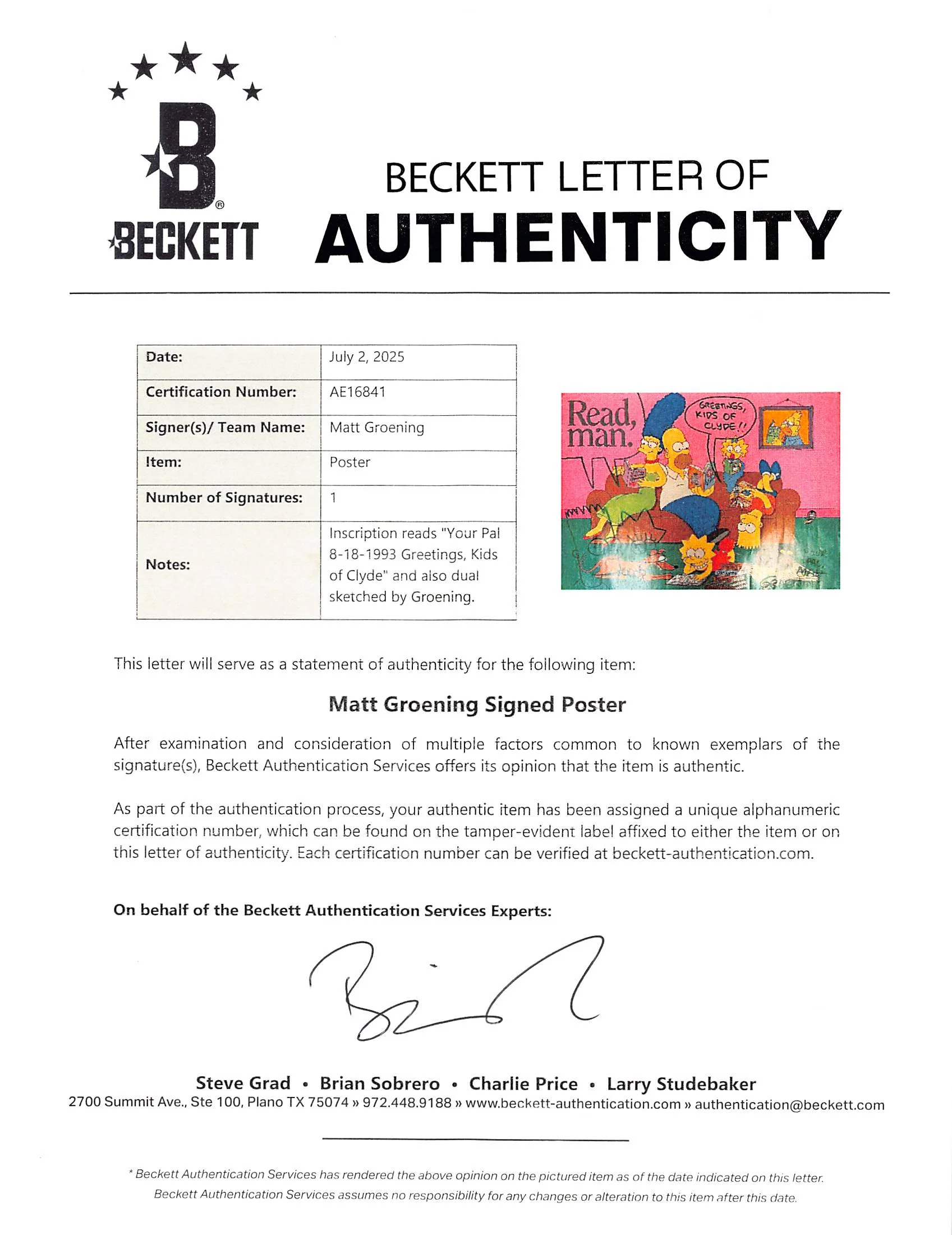 Matt Groening Simpsons Signed 22x31 Poster w/ Bart & Lisa Sketch BAS #AE16841 - Image 8