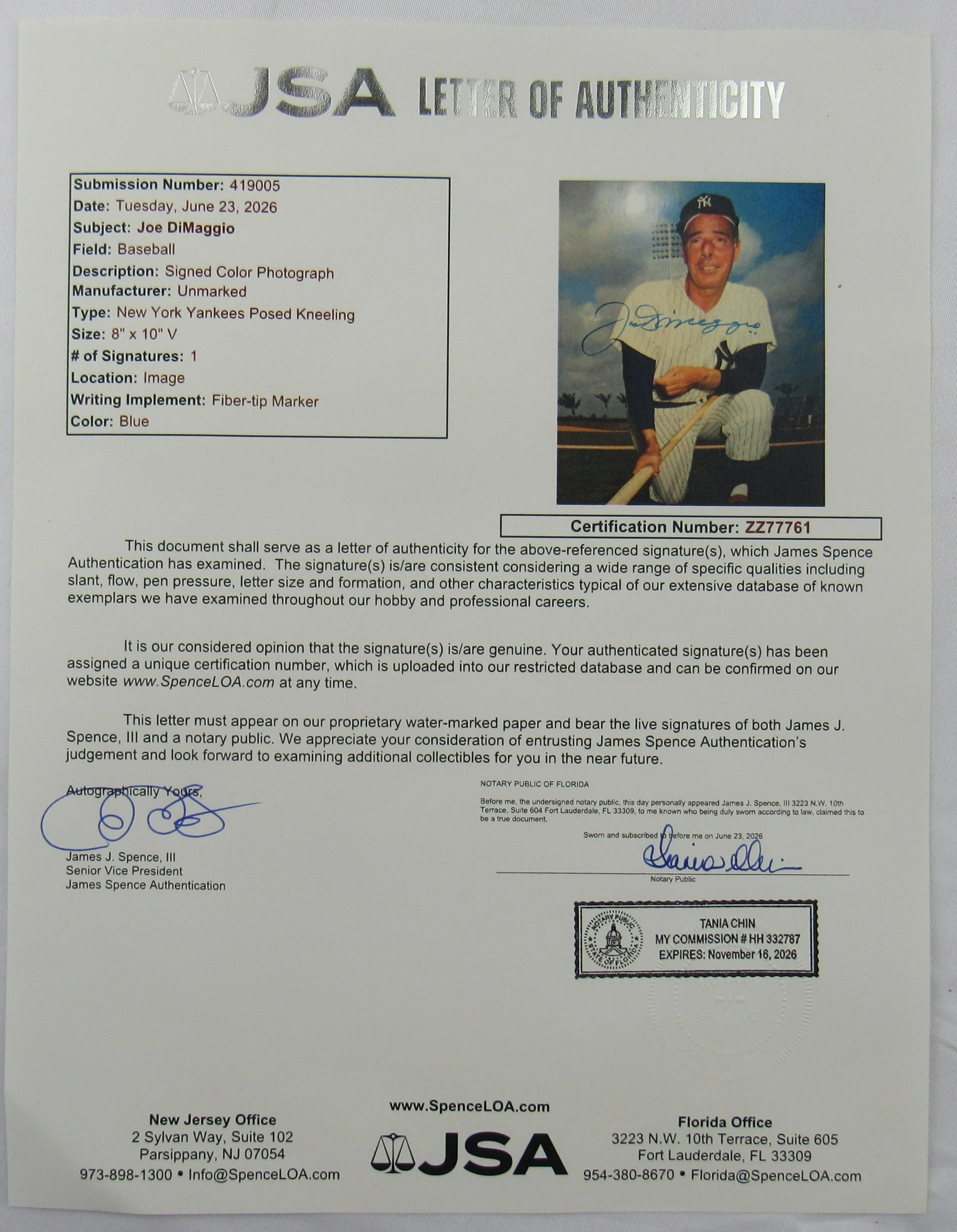 Joe DiMaggio Signed Auto 8x10 Photo JSA LOA ZZ77761 - Image 4