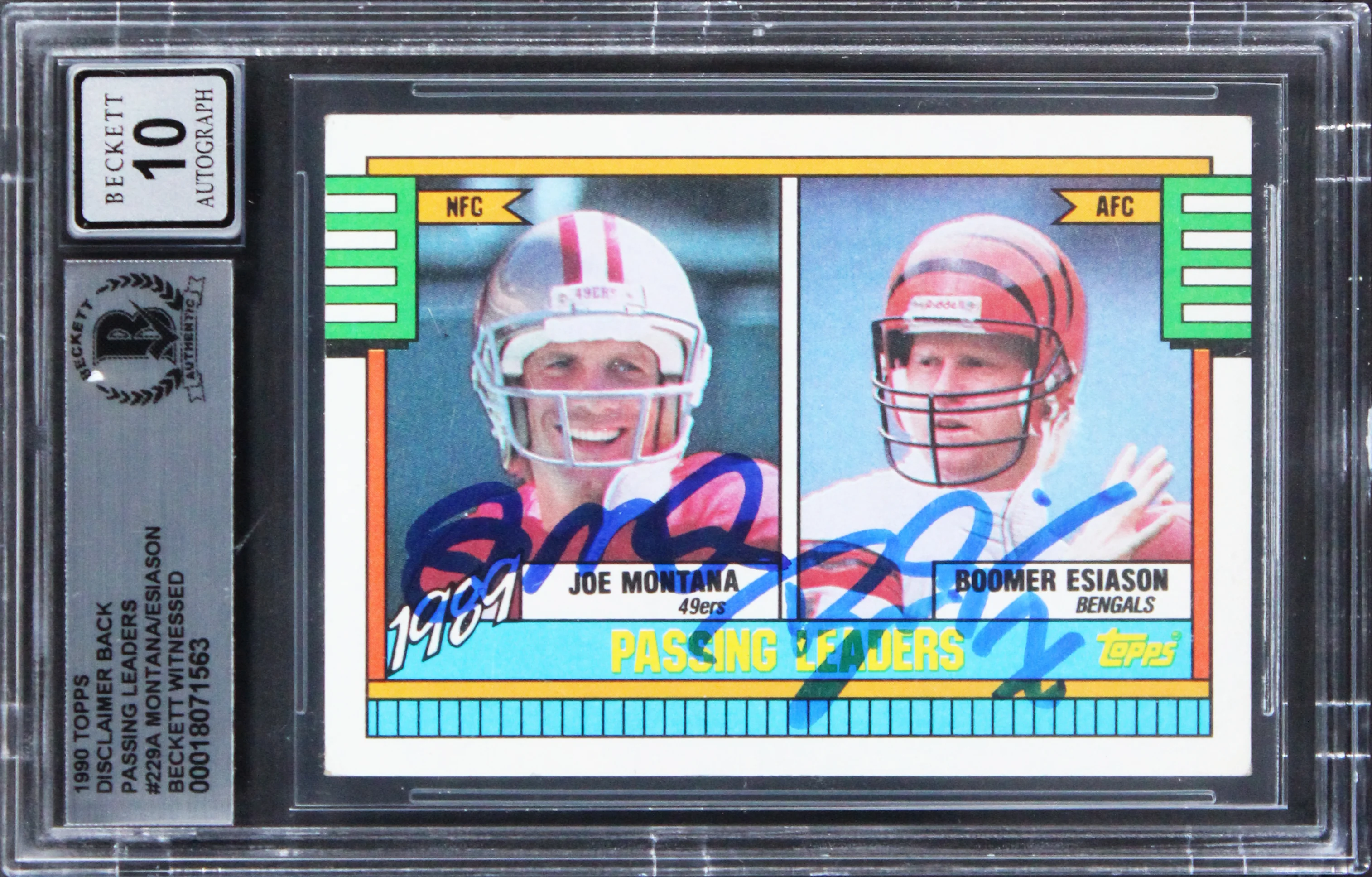 Montana & Esiason Signed 1990 Topps Disclaimer PL #229A Card Auto 10 BAS Slabbed - Image 2