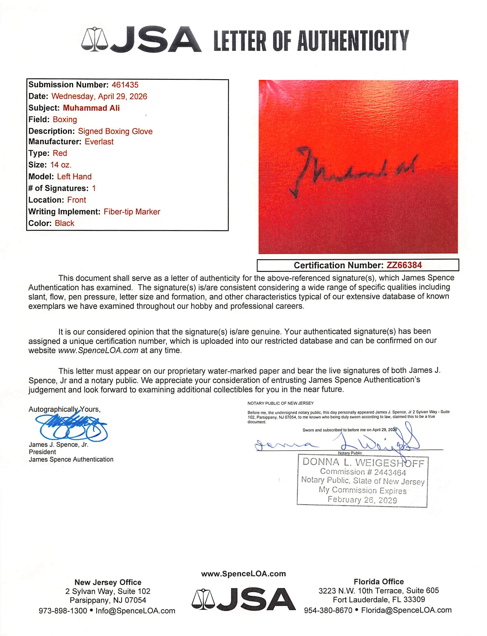 Muhammad Ali Authentic Signed Red Left Hand Everlast Boxing Glove JSA #ZZ66384 - Image 5