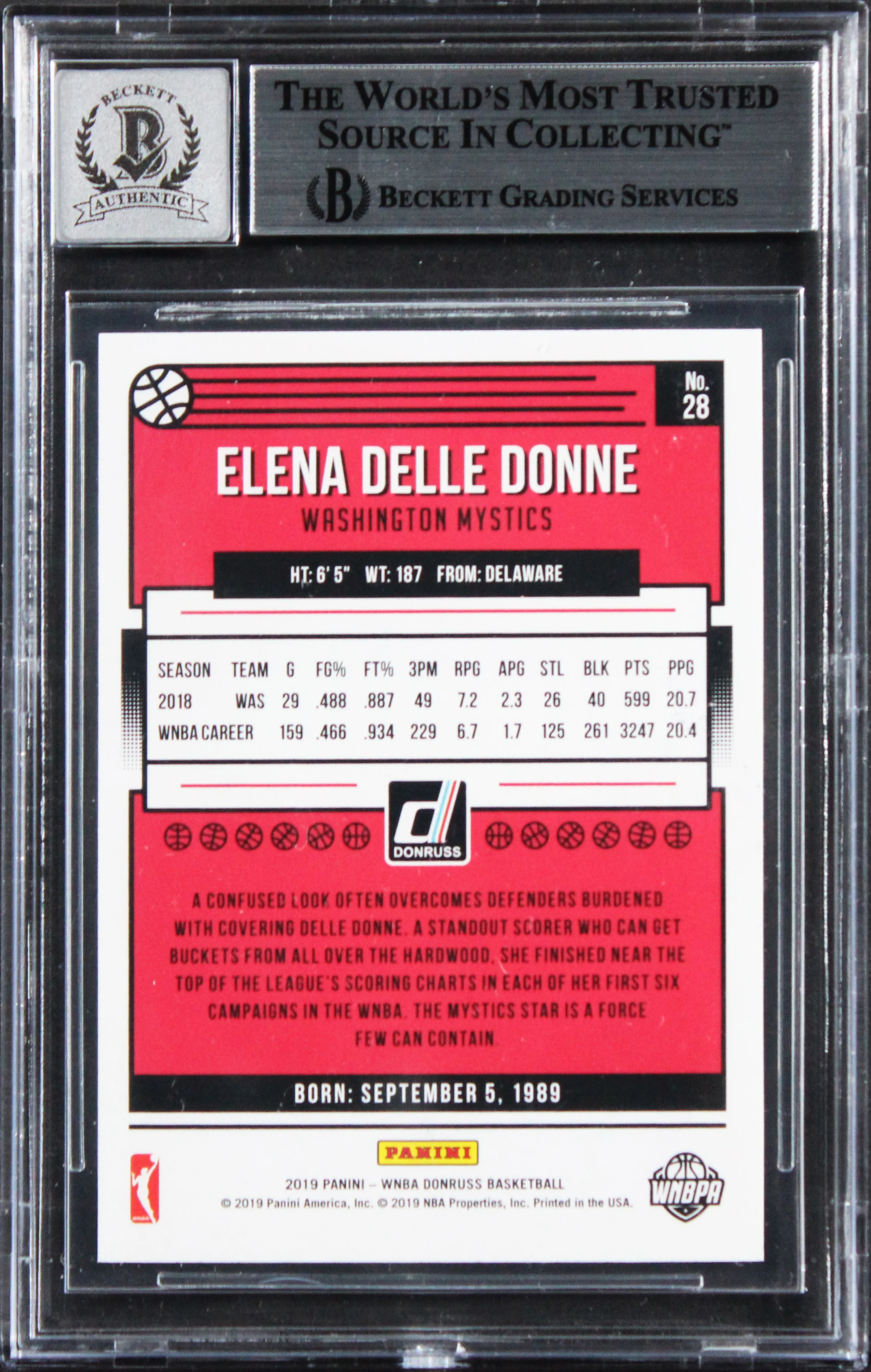 Mystics Elena Delle Donne Signed 2019 Donruss WNBA #28 Card Auto 10! BAS Slabbed - Image 3
