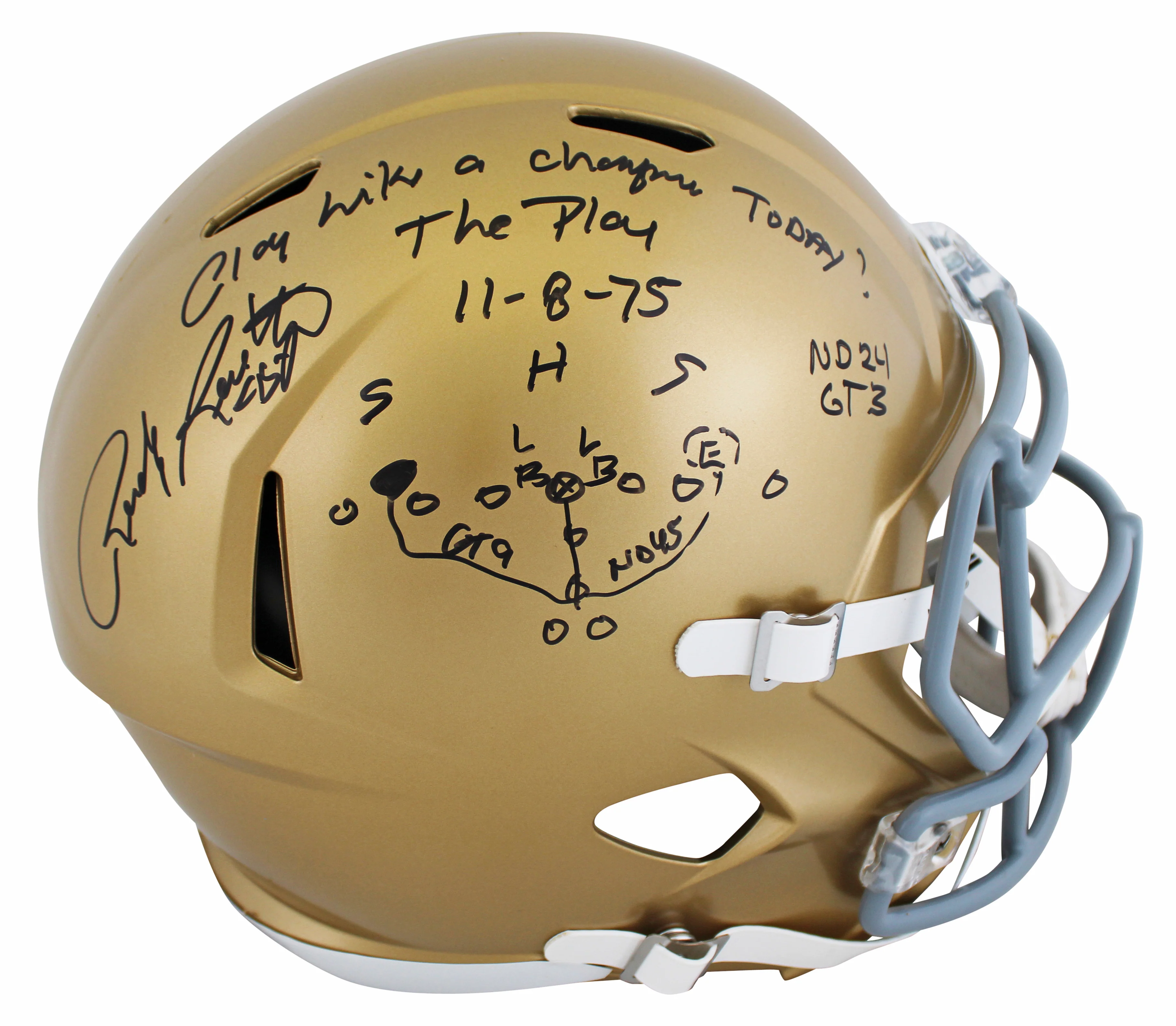 Notre Dame Rudy Ruettiger Signed F/S Speed Rep Helmet w/ Hand Drawn Play JSA Wit - Image 2