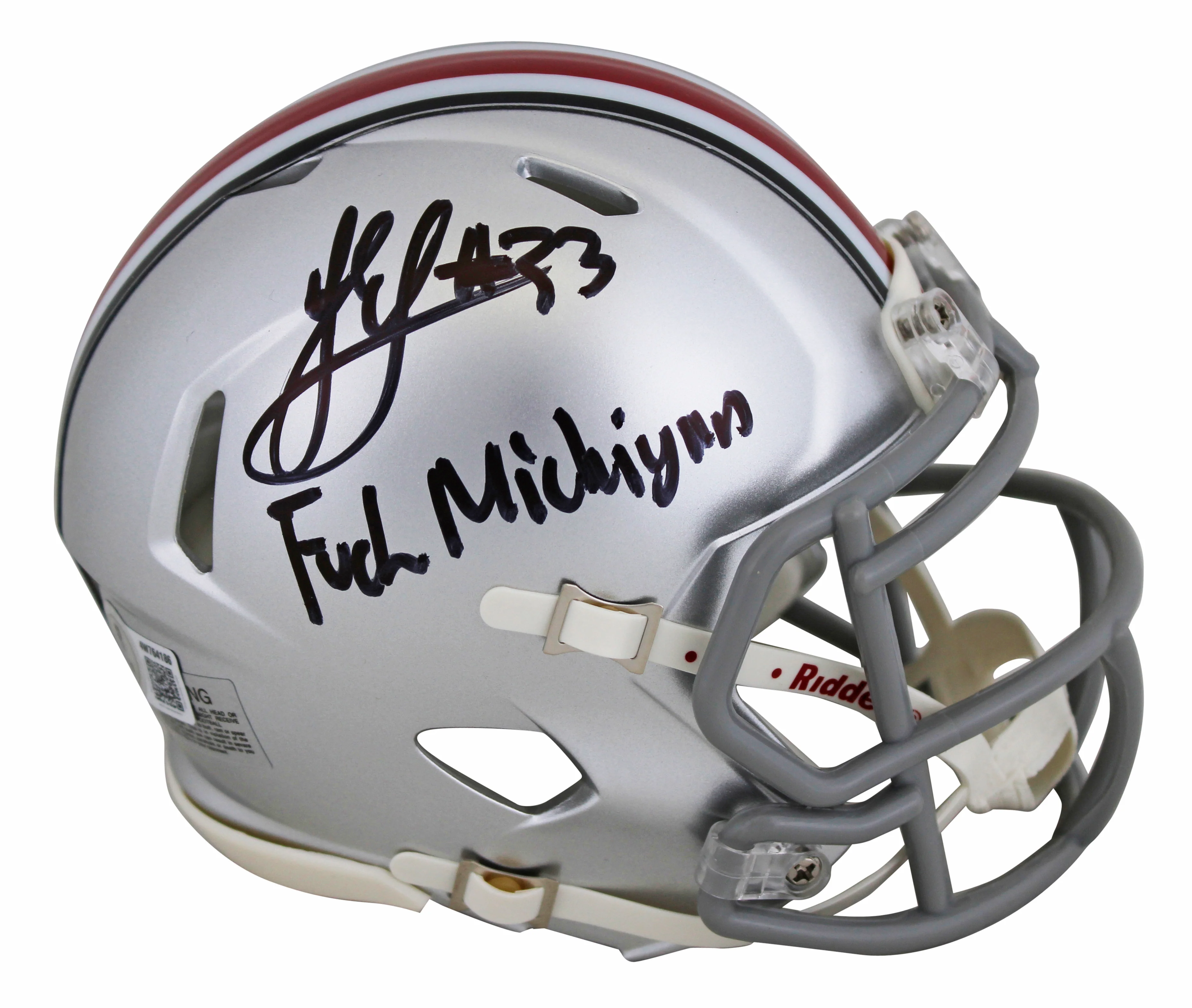 Ohio State Jack Sawyer "F*** Michigan" Signed Speed Mini Helmet BAS Witnessed - Image 2