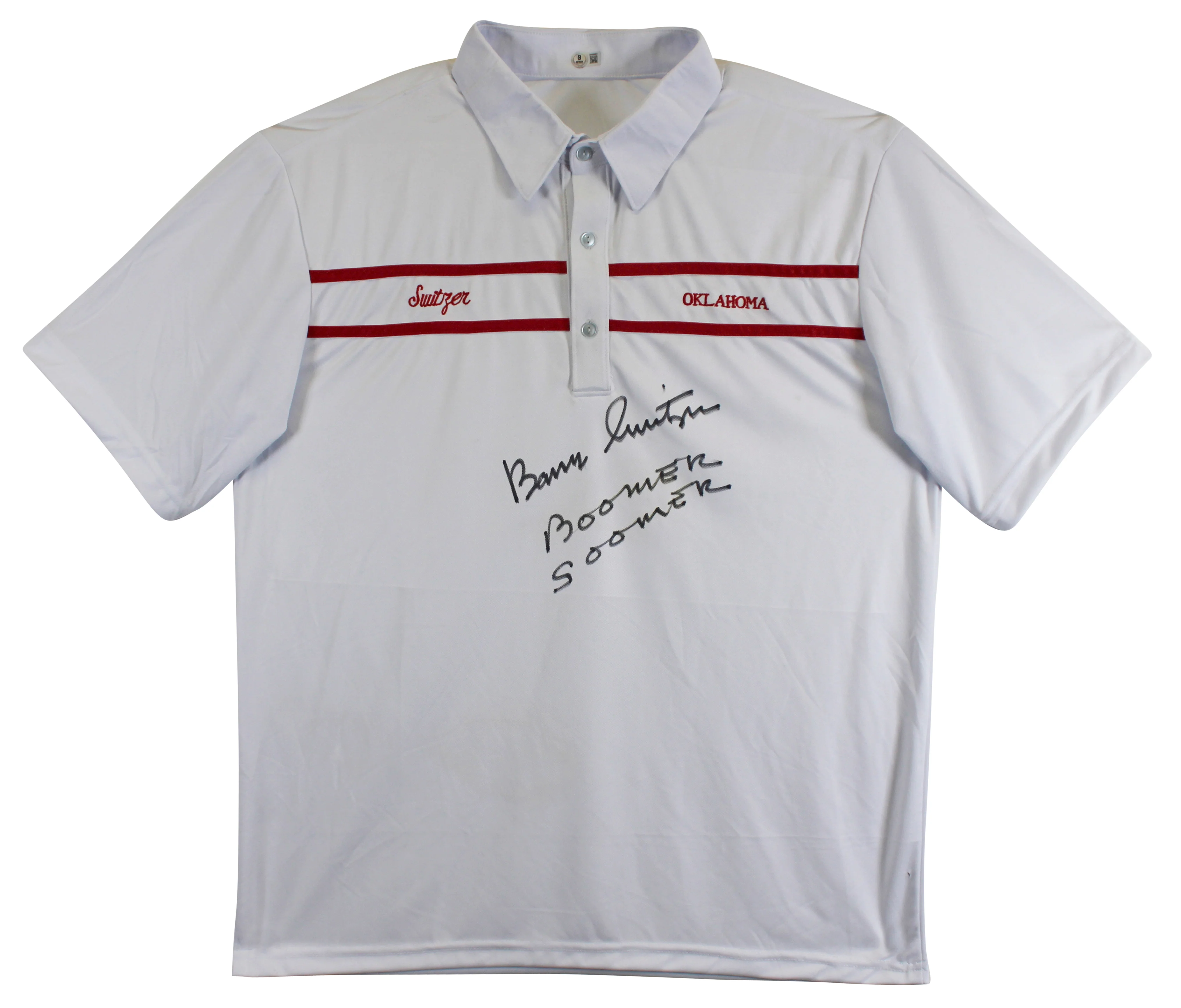 Oklahoma Barry Switzer "Boomer Sooner" Signed White Polo Shirt BAS Witnessed