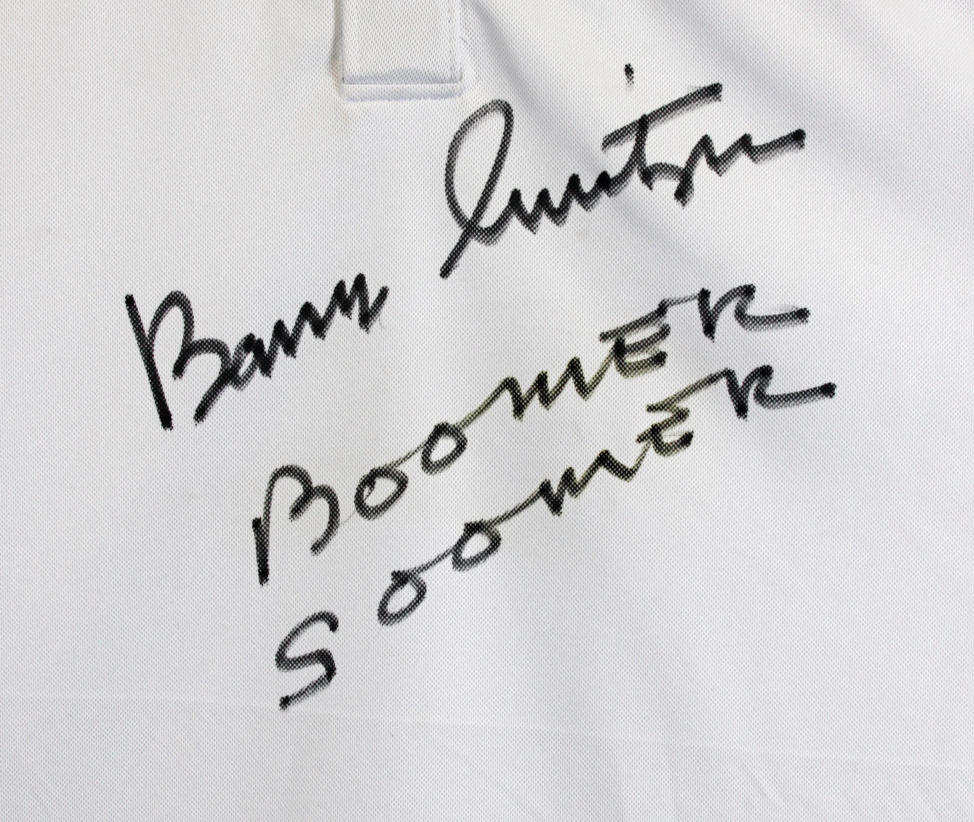 Oklahoma Barry Switzer "Boomer Sooner" Signed White Polo Shirt BAS Witnessed - Image 3