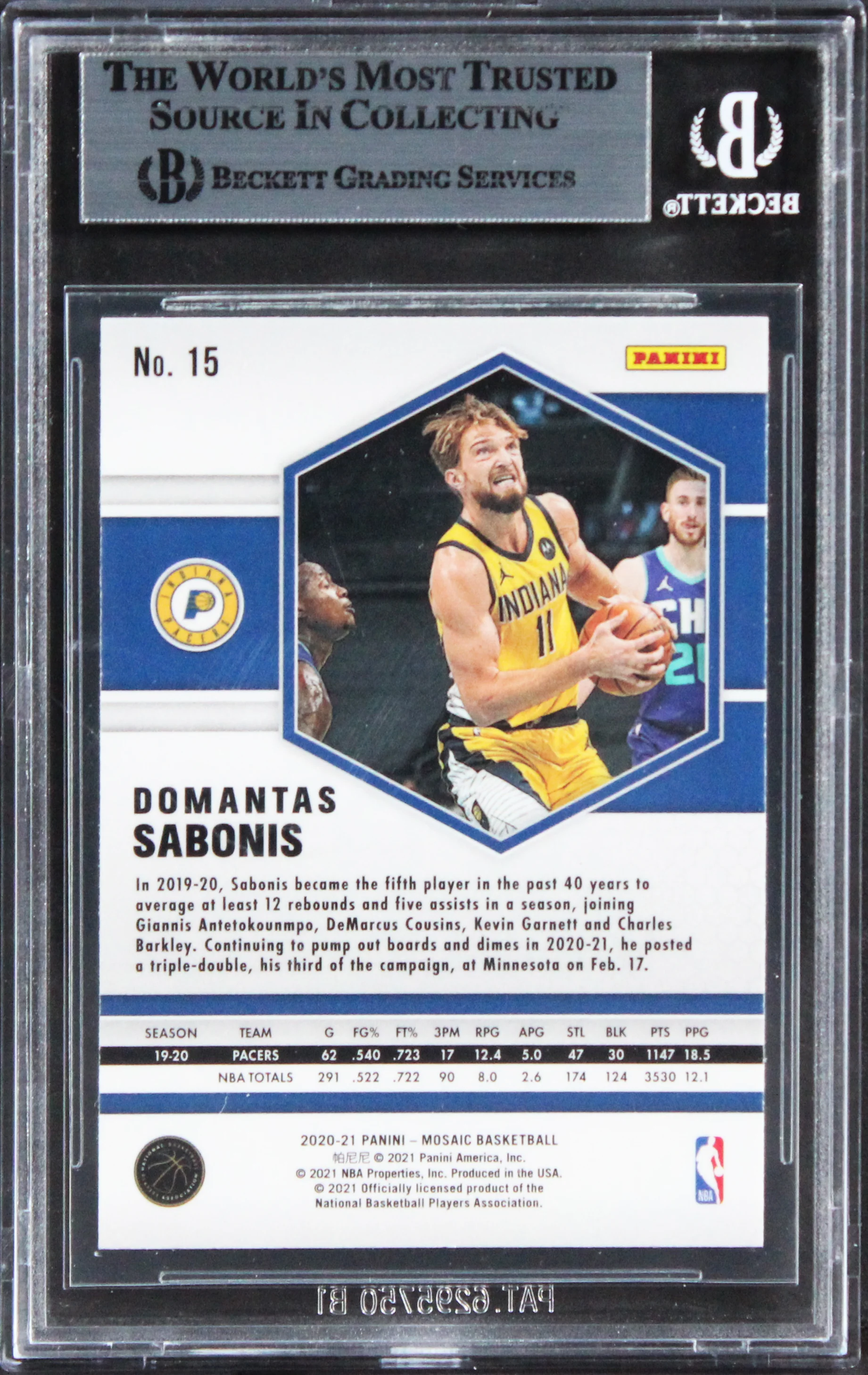Pacers Domantas Sabonis Authentic Signed 2020 Panini Mosaic #15 Card BAS Slabbed - Image 3