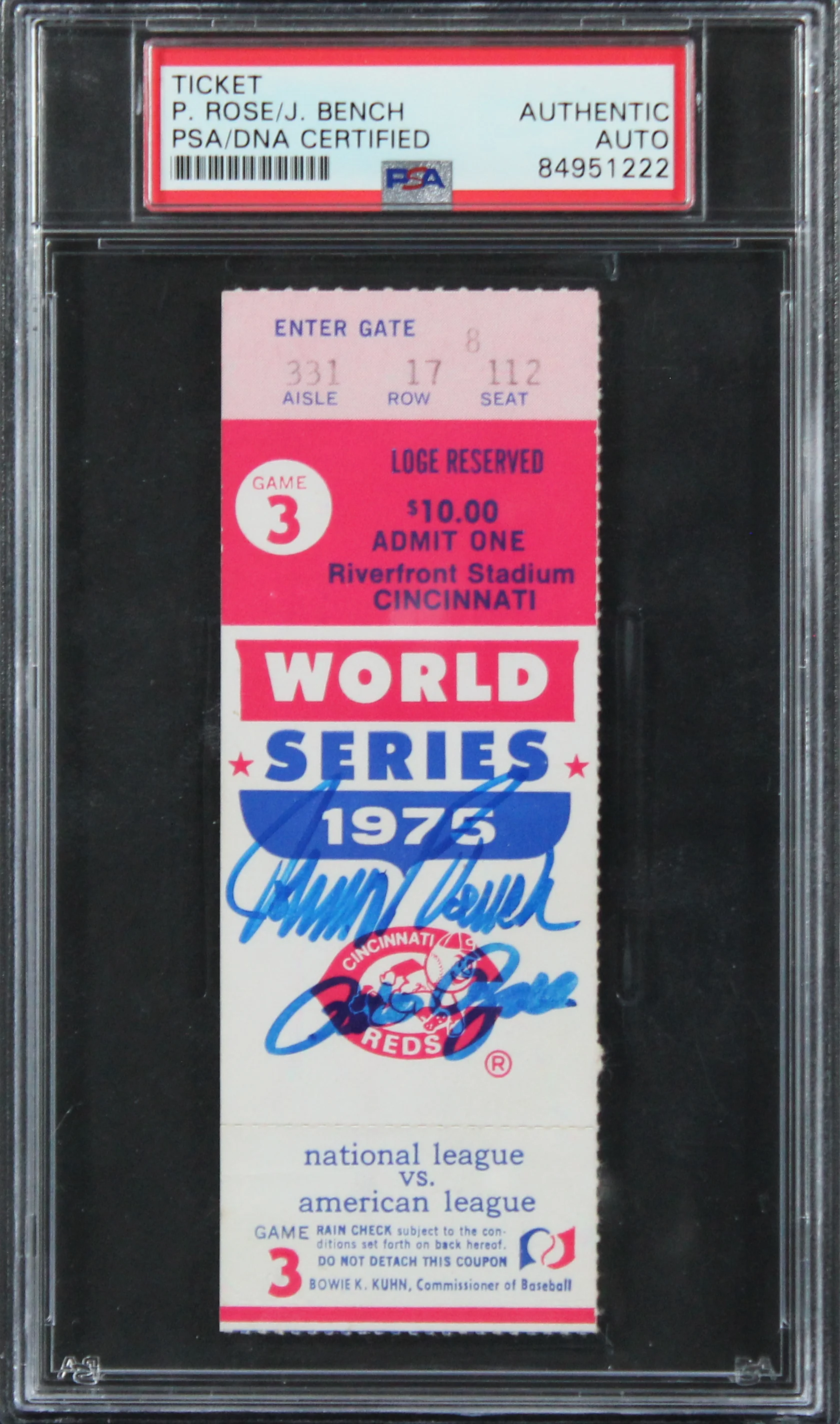Pete Rose & Johnny Bench Signed World Series 1975 Game 3 Ticket Stub PSA Slabbed - Image 2