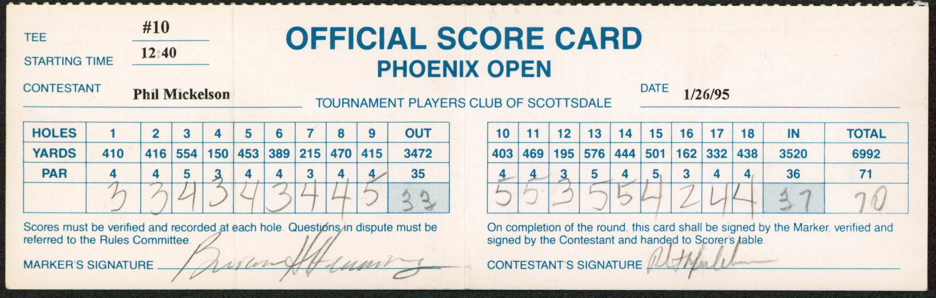 Phil Mickelson & Brian Henninger Signed 1995 Phoenix Open Scorecard BAS #AD64183 - Image 2