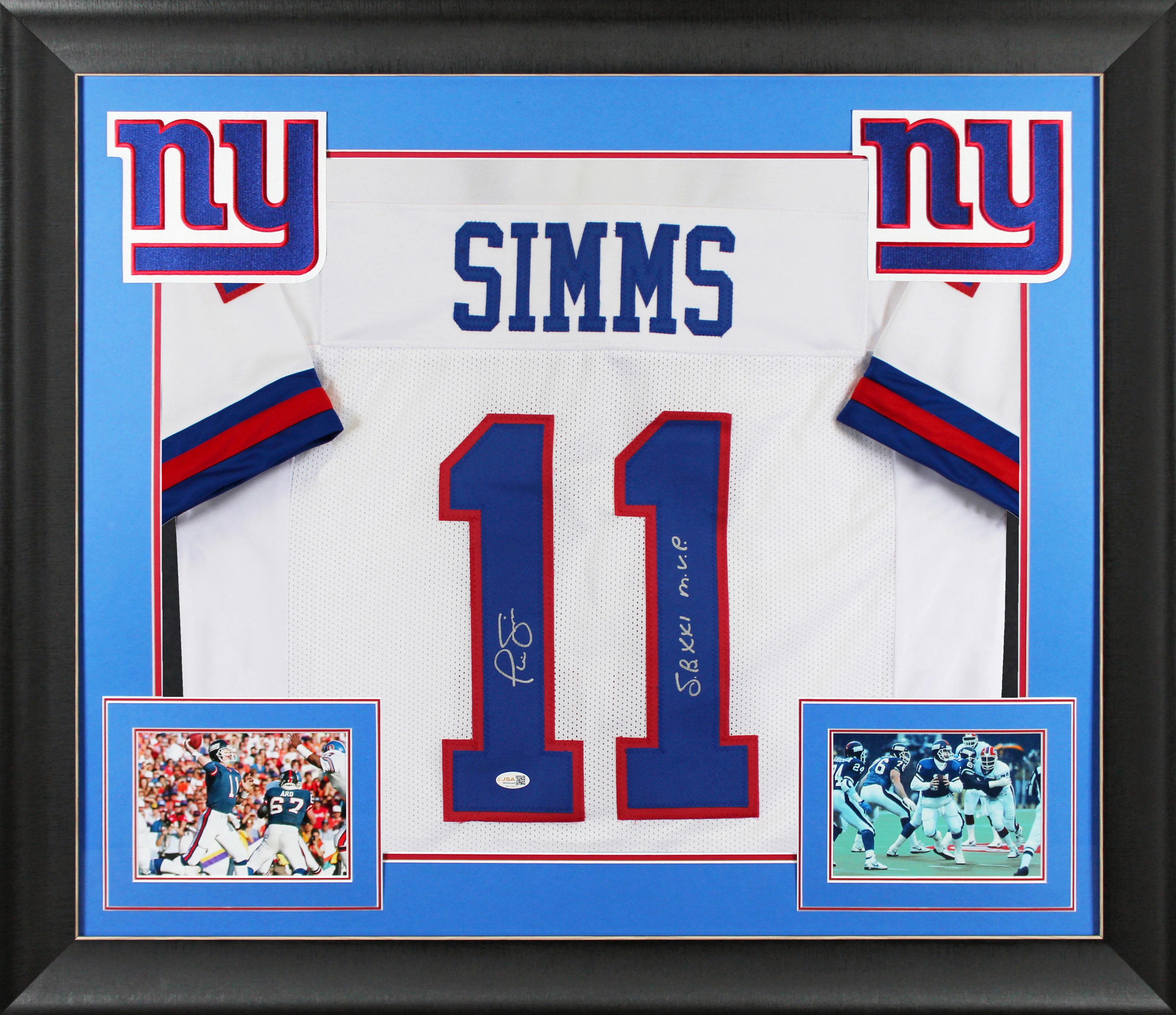 Phil Simms "SB XXI MVP" Signed Blue Pro Style Framed Jersey JSA Witness - Image 2