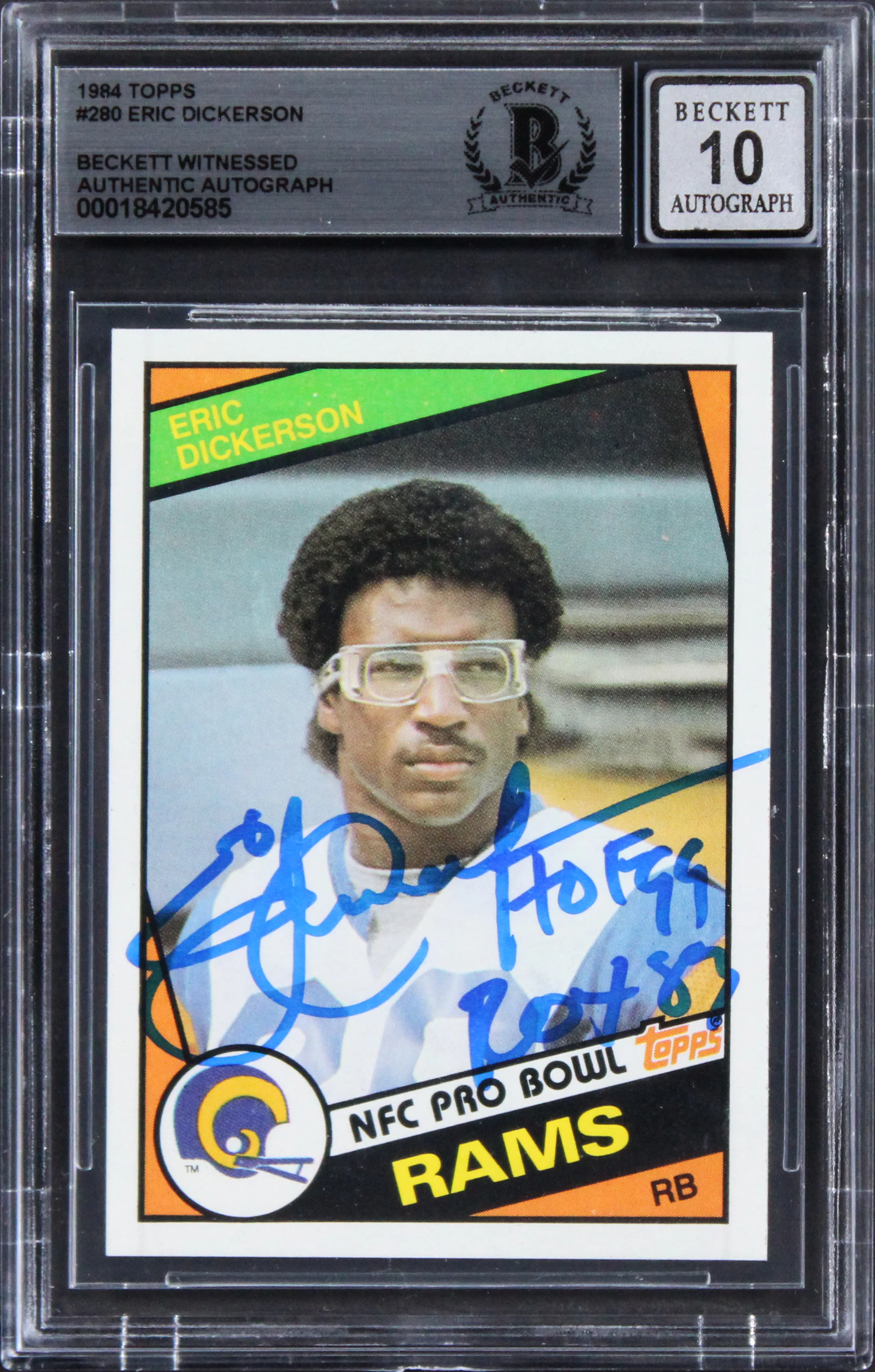 Rams Eric Dickerson "2x Insc" Signed 1984 Topps #280 Card Auto 10! BAS Slabbed - Image 2