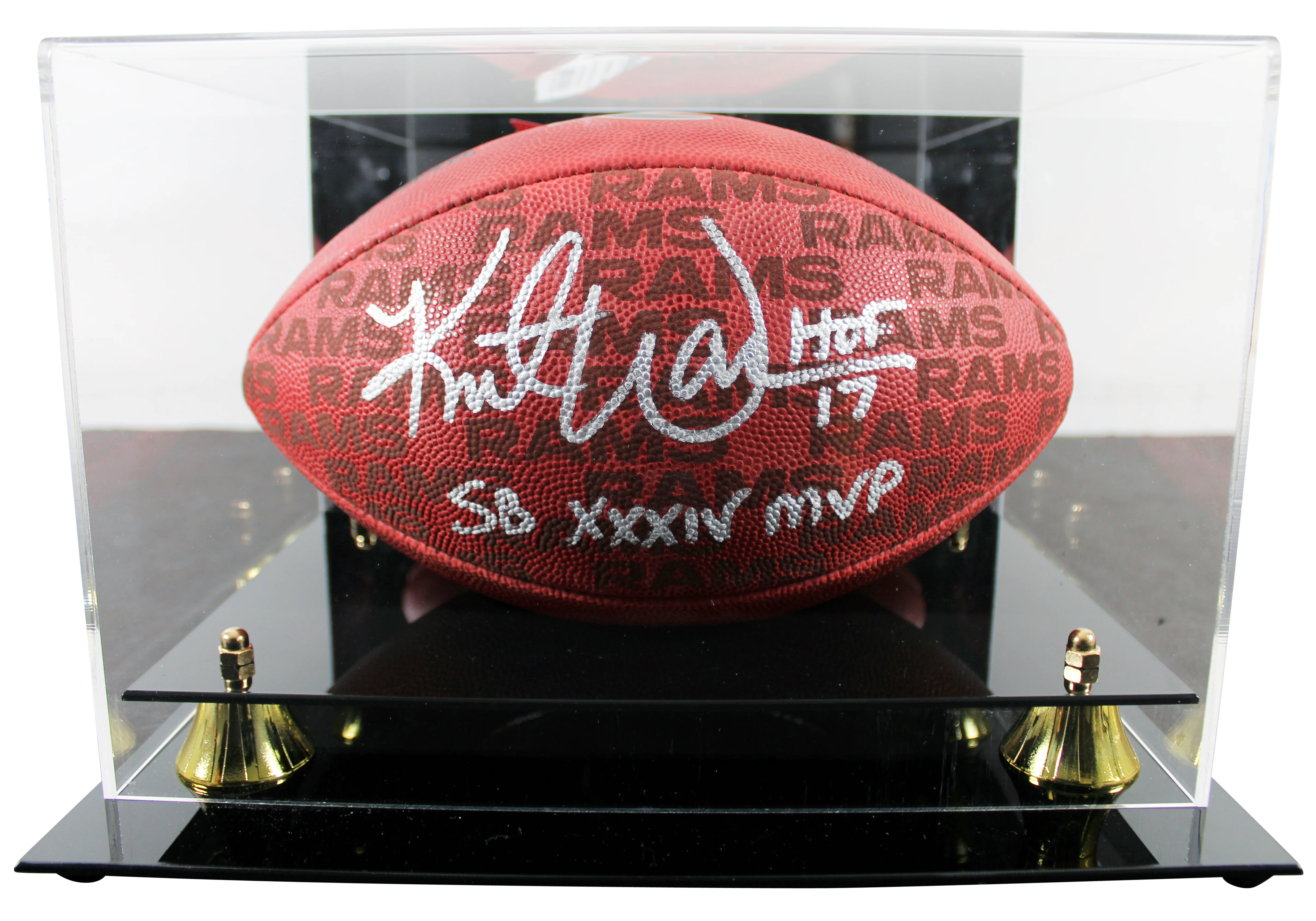 Rams Kurt Warner "2x Insc" Signed "Duke" Team Showcase Football W/ Case BAS Wit - Image 2