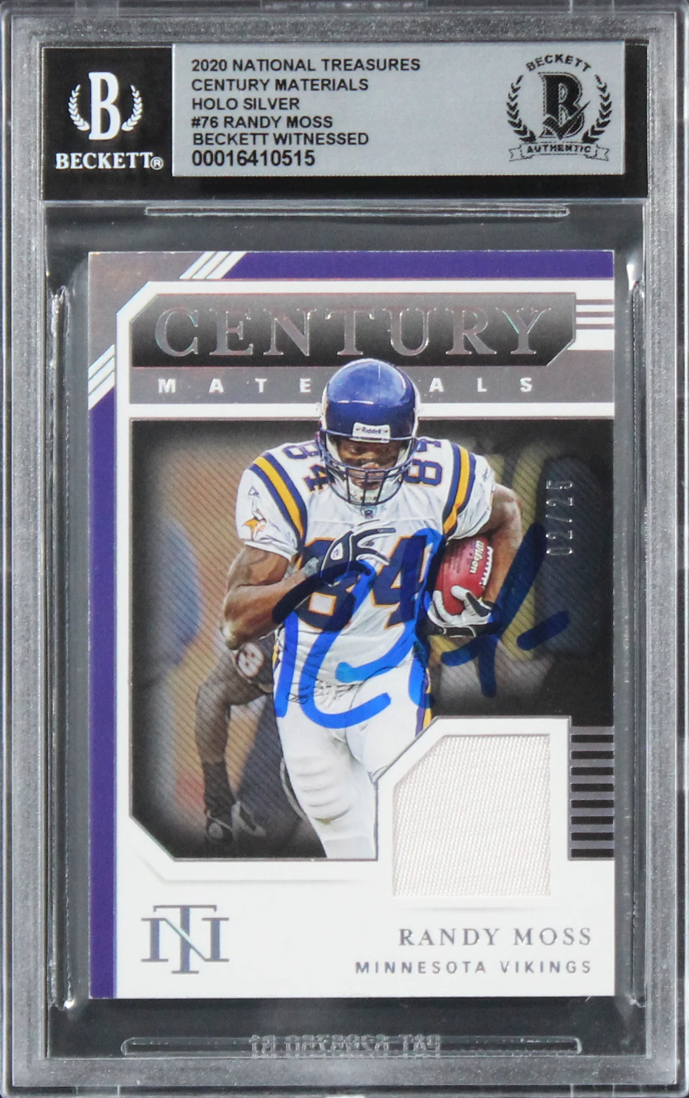 Randy Moss Signed 2020 National Treasures CM Silver #76 Card Auto 10! BAS Slab - Image 2