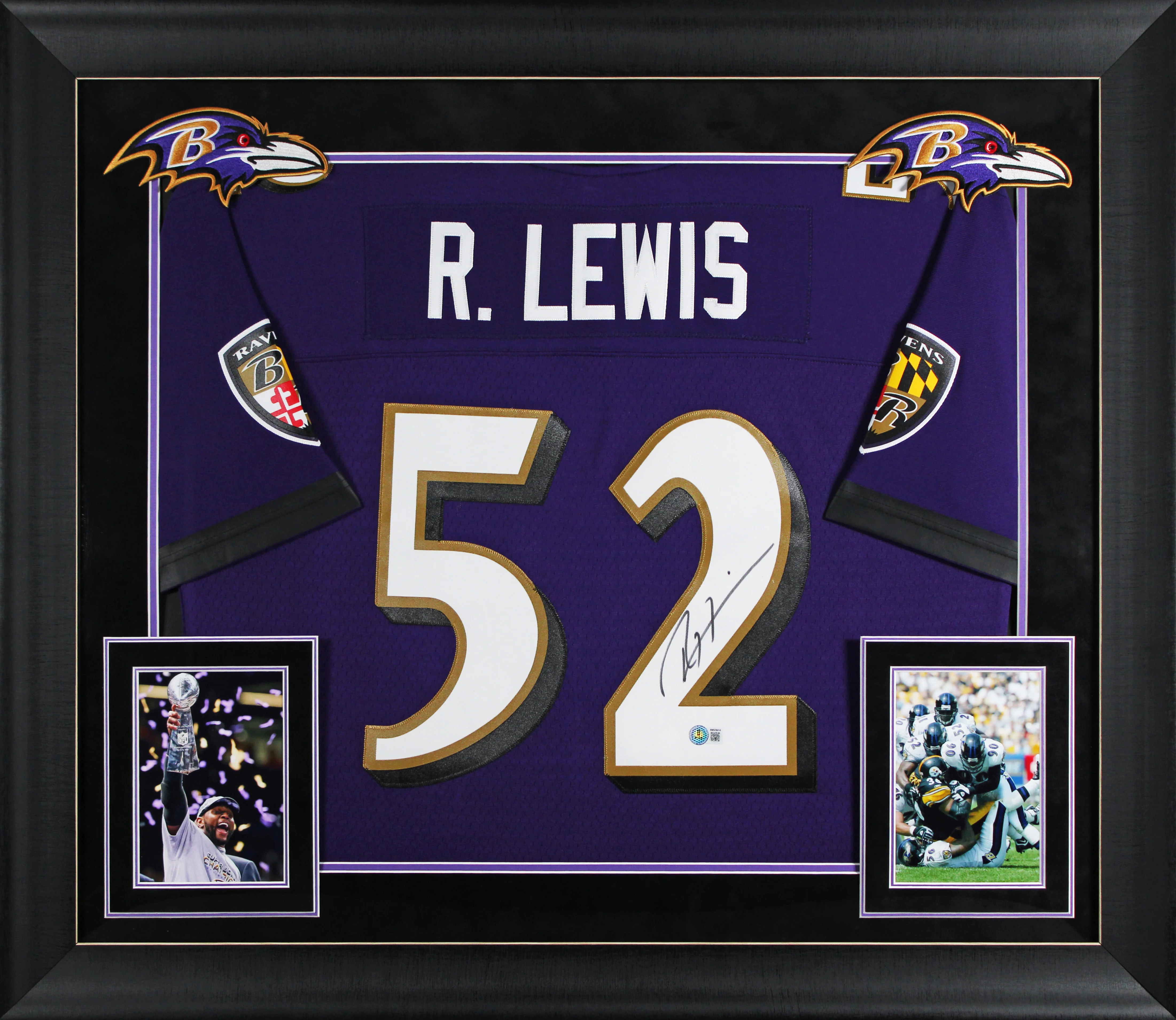 Ravens Ray Lewis Signed Purple Mitchell & Ness Framed Jersey BAS Witnessed - Image 2