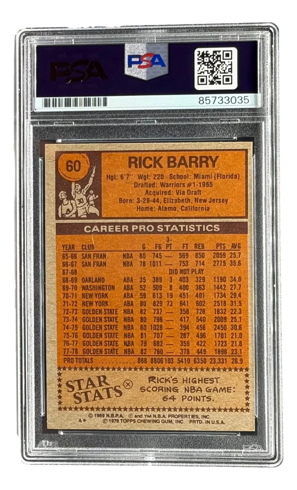 Rick Barry Signed 1978/79 Topps #60 Warriors Trading Card PSA/DNA - Image 2