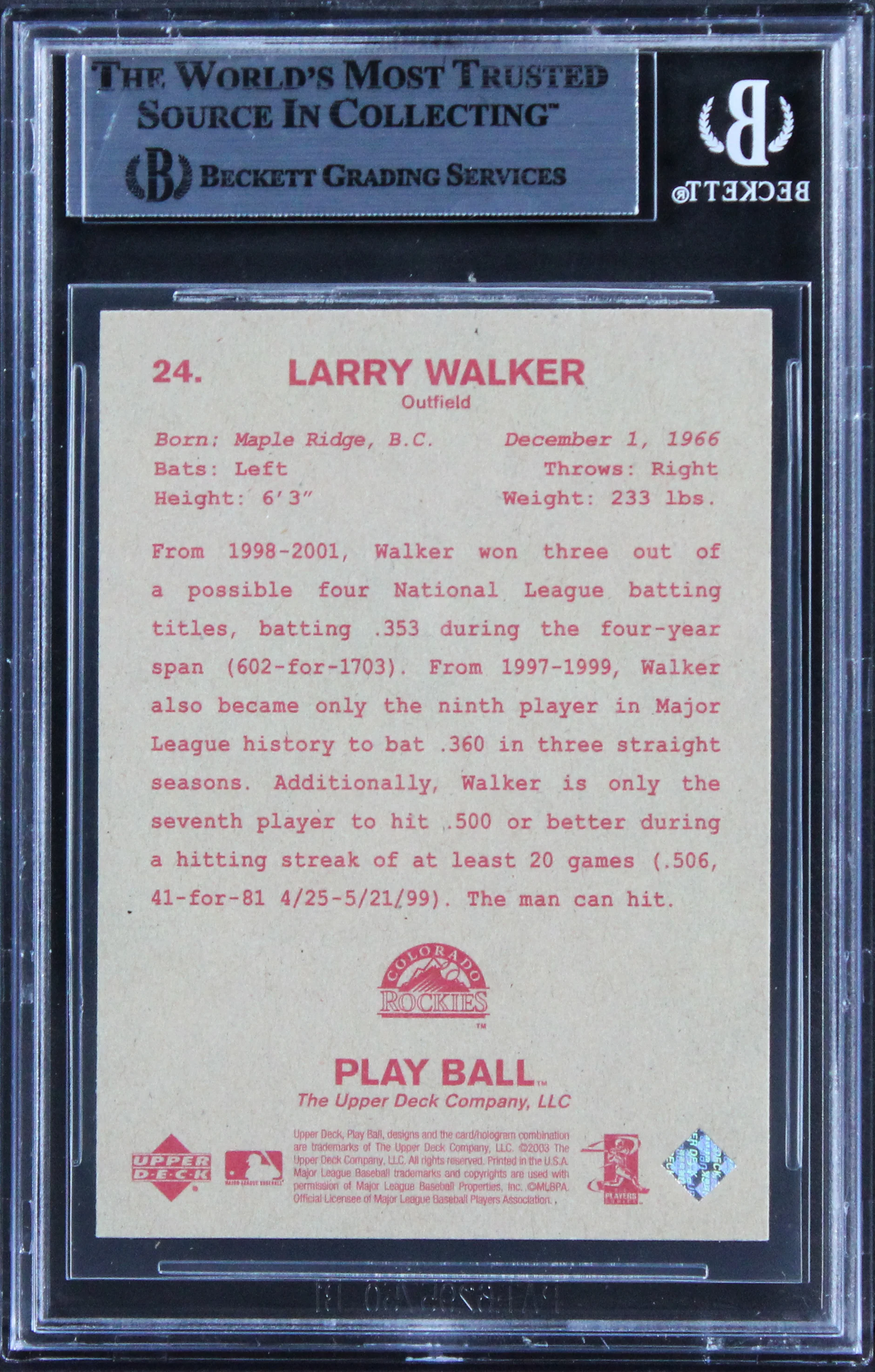 Rockies Larry Walker "w/ 2x Insc" Signed 2003 Upper Deck PB RB #24 Card BAS Slab - Image 3